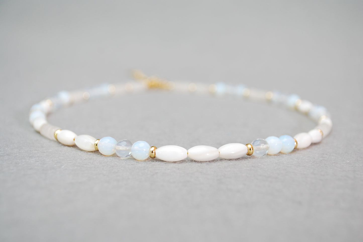 Opaline, Nacre & Quartz Beaded Gold Necklace - Elegant Handmade Wedding Jewelry with White Stones, 15in Length (+2" Extender)