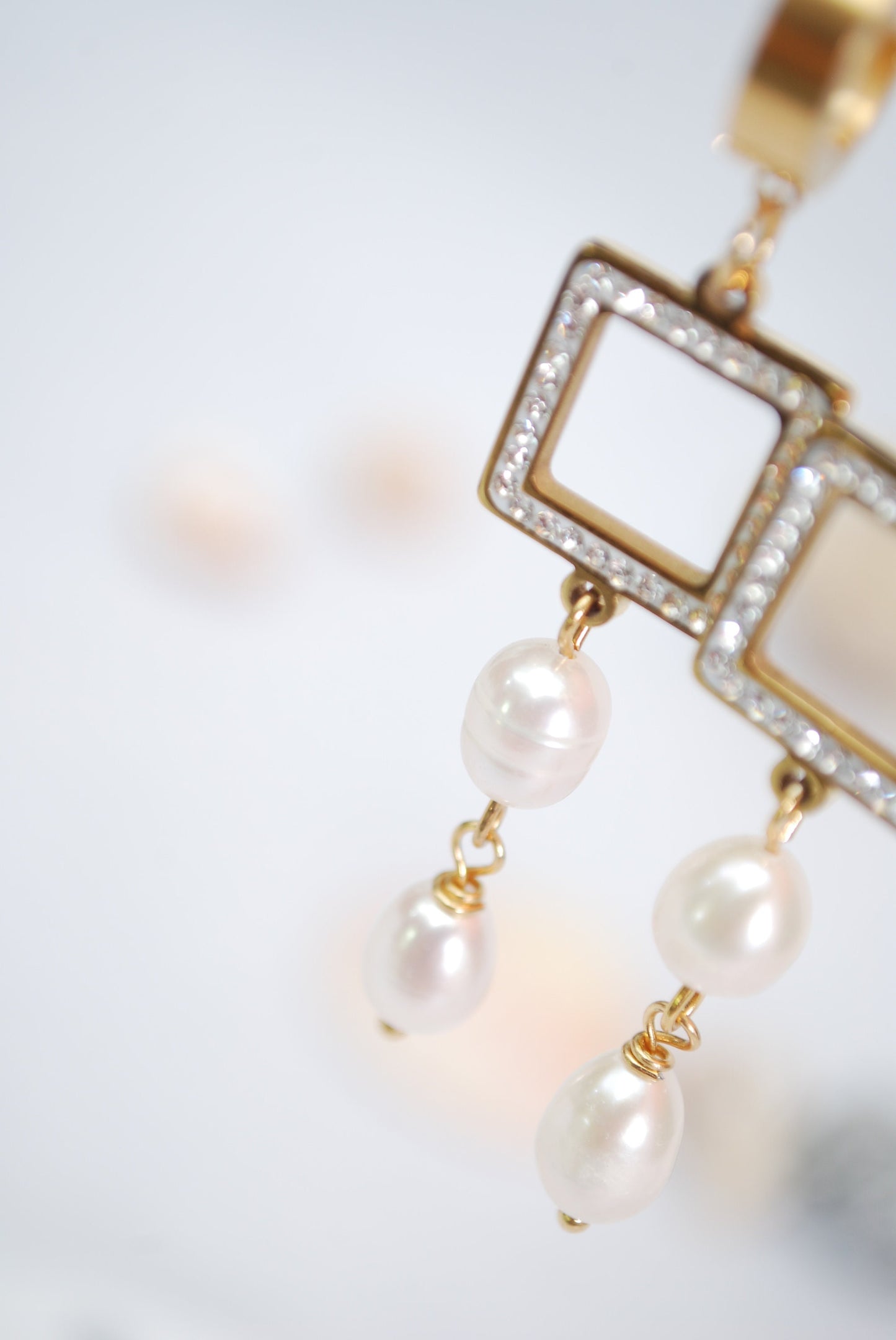 Square Pearl Earrings - Handmade Gold Stainless Steel Hoop Earrings with Freshwater Pearls, 2.5in Length