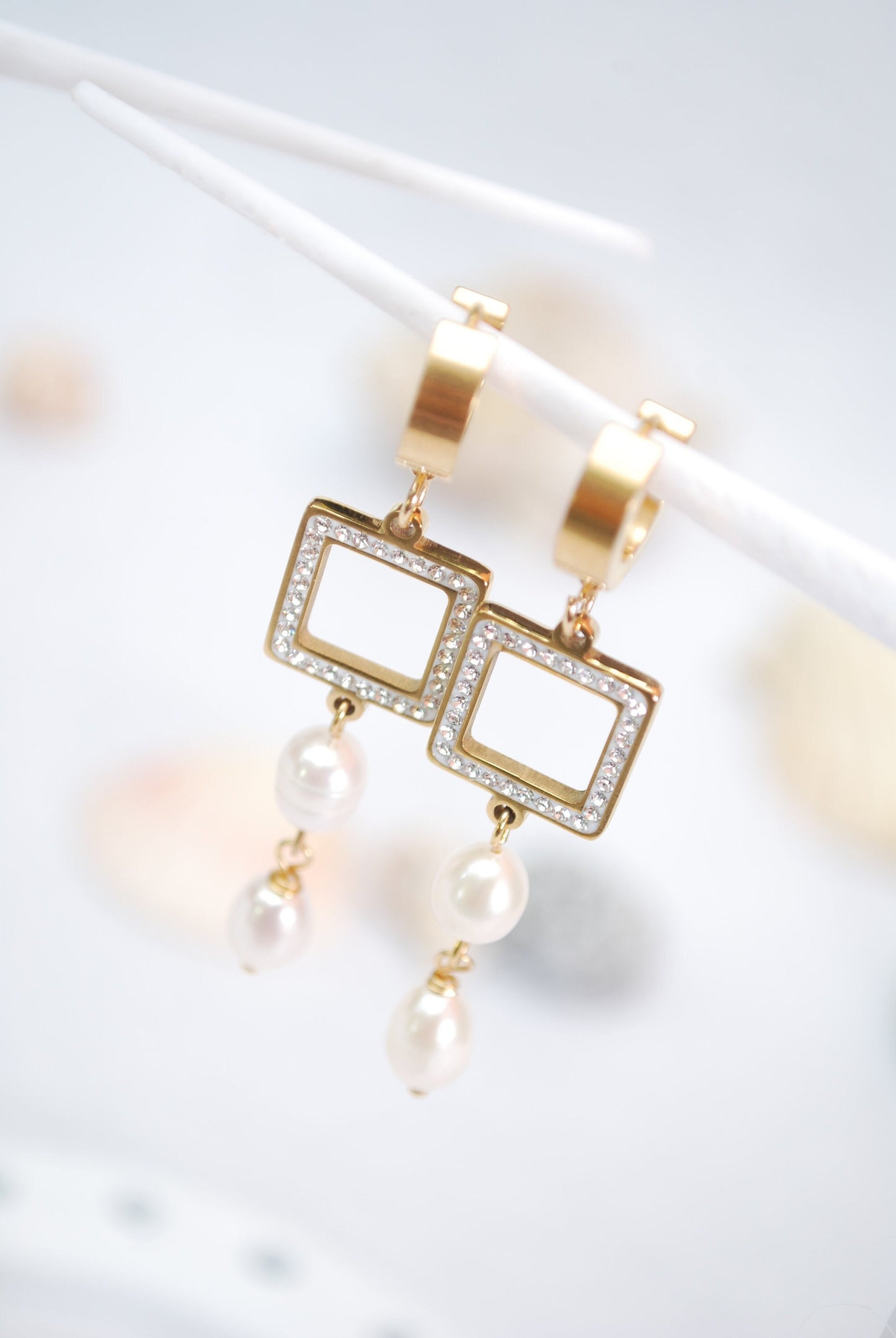 Square Pearl Earrings - Handmade Gold Stainless Steel Hoop Earrings with Freshwater Pearls, 2.5in Length