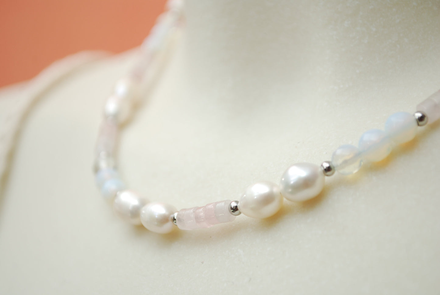 Handmade Elegant White & Light Pink Stone Necklace with Freshwater Pearls, Pink Quartz, and Opaline Beads - 17 inches