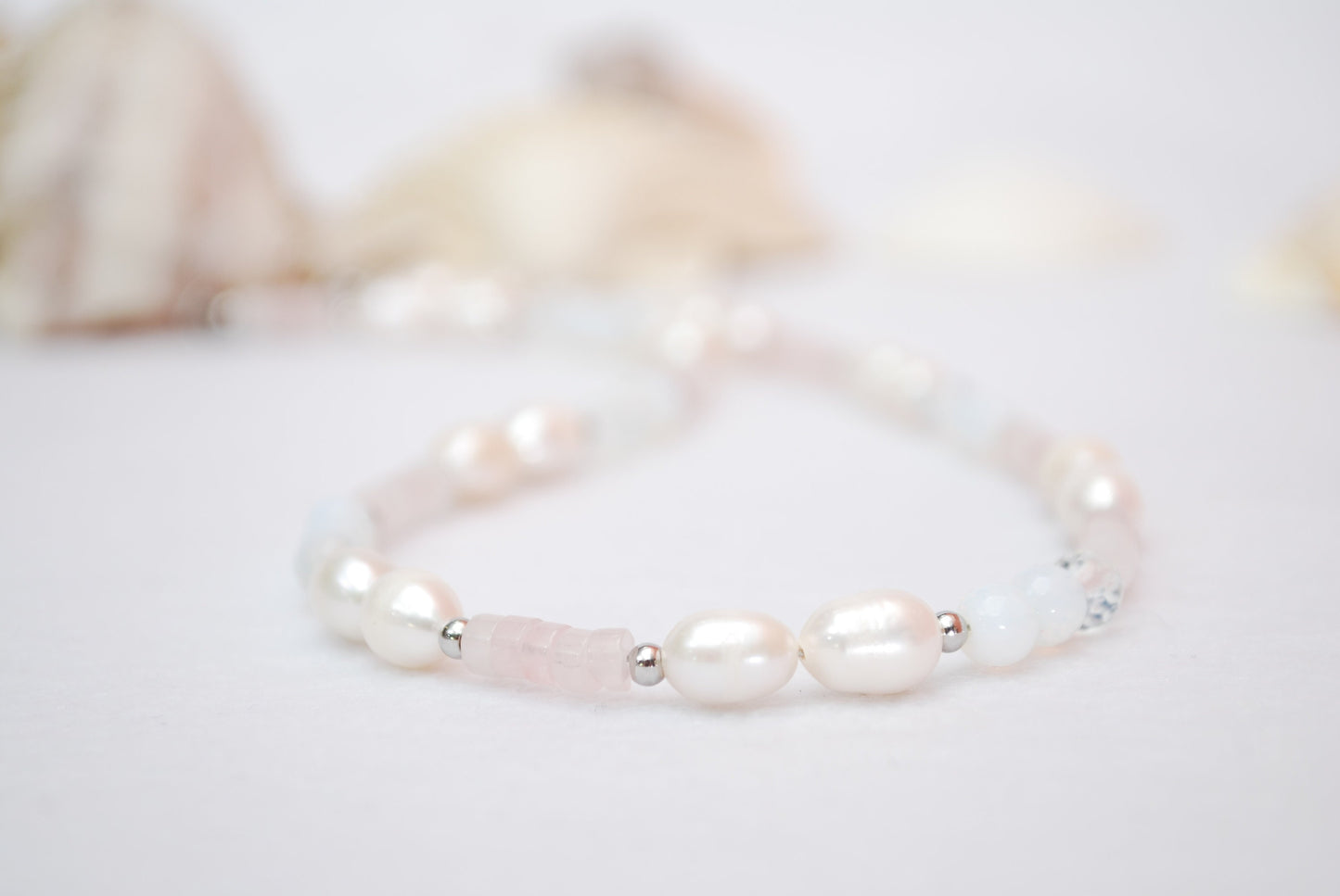 Handmade Elegant White & Light Pink Stone Necklace with Freshwater Pearls, Pink Quartz, and Opaline Beads - 17 inches