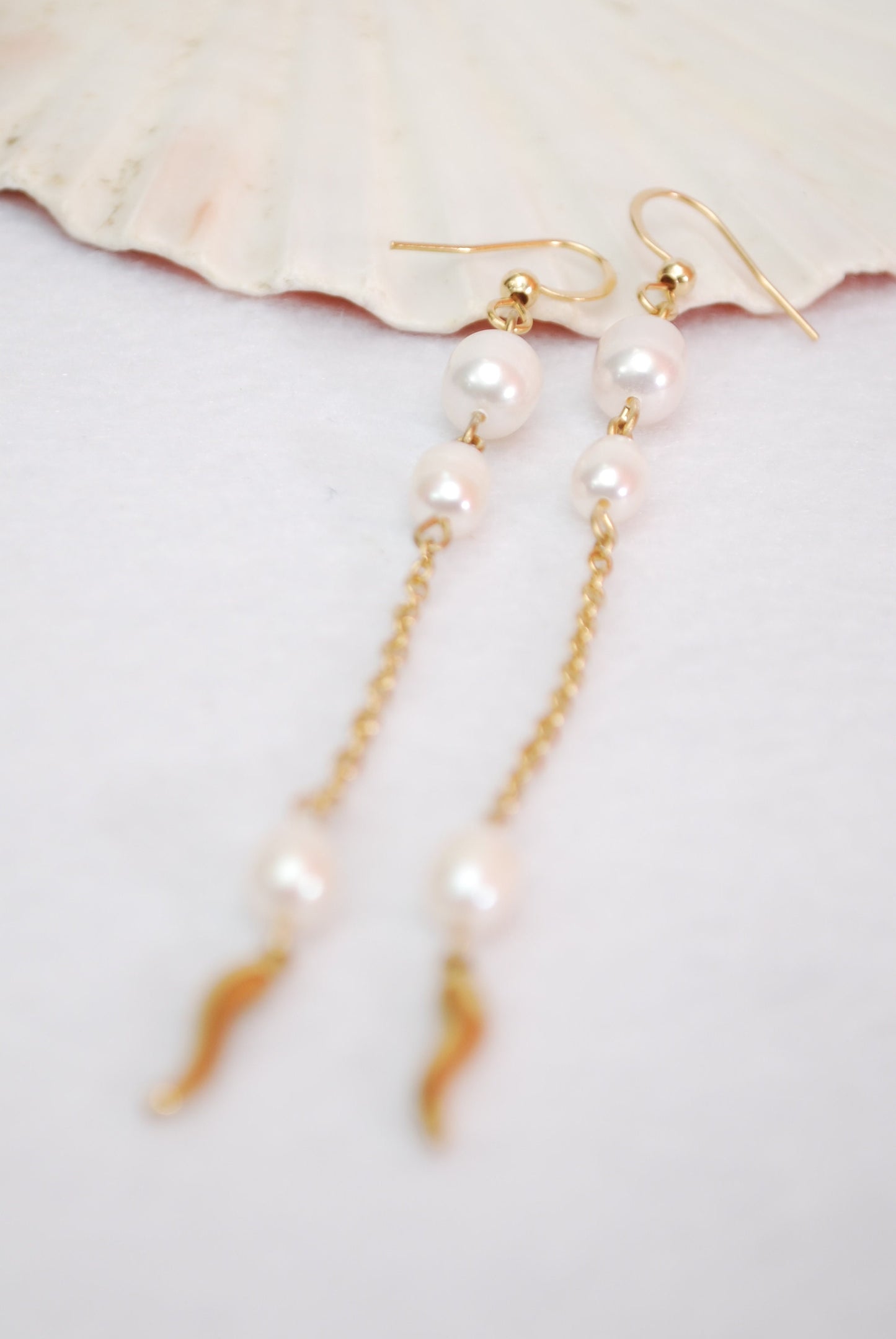 Ascetic Rustic Bohemian Earrings with Freshwater Pearls and Gold Plated Stainless Steel - 4 Inches Long