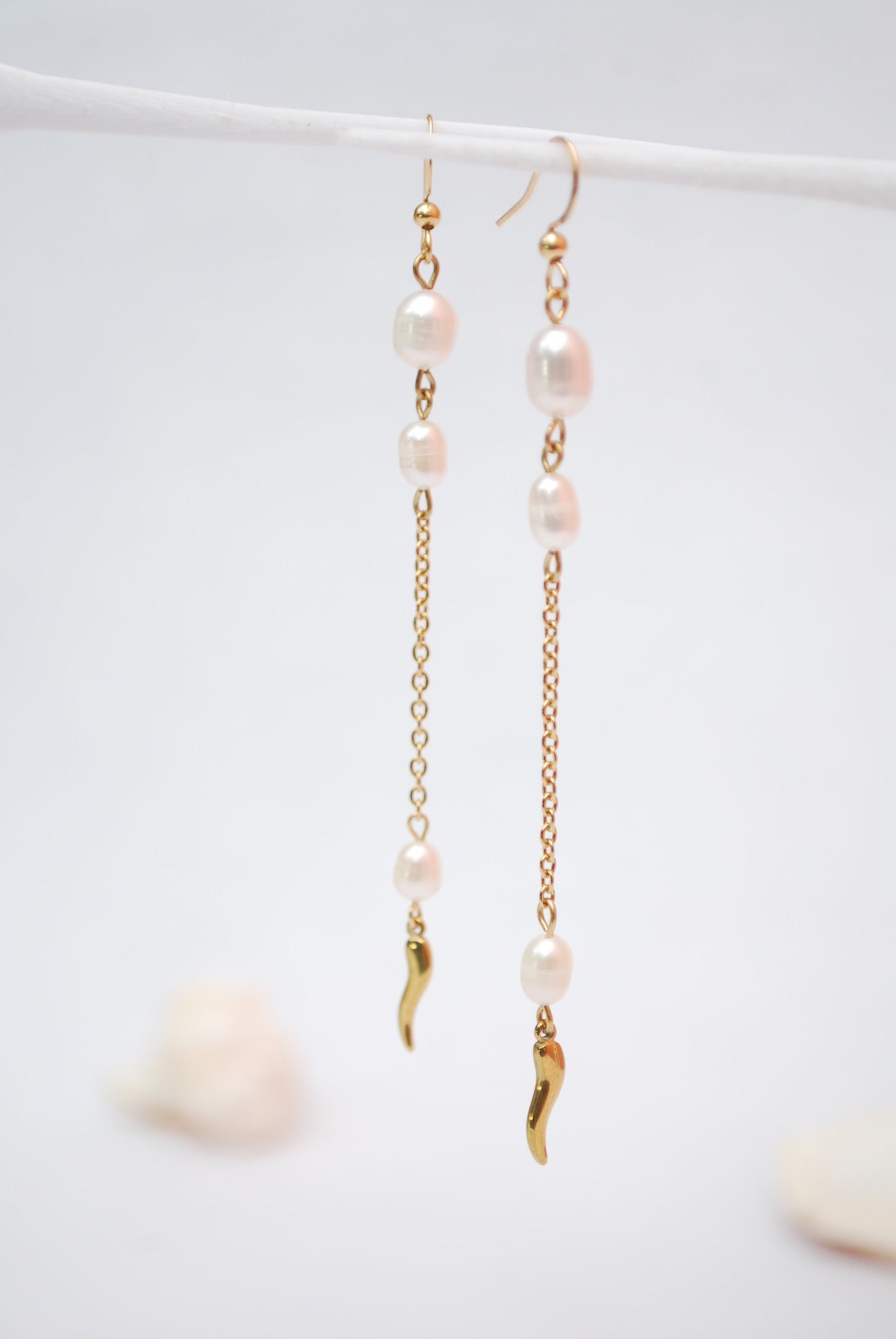 Ascetic Rustic Bohemian Earrings with Freshwater Pearls and Gold Plated Stainless Steel - 4 Inches Long