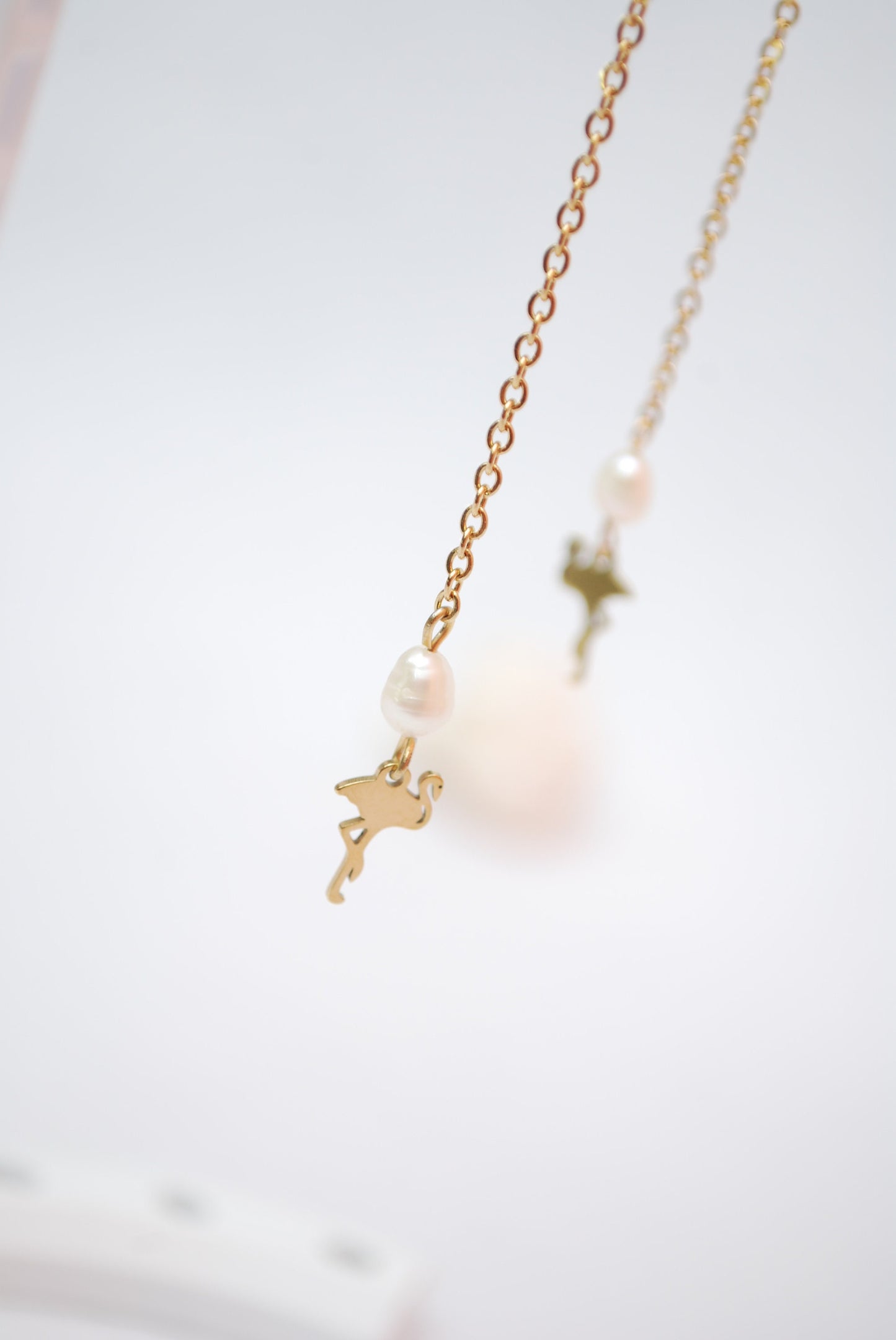 Golden Flamingos and Freshwater Pearls Earrings: Long Estibela Stainless Steel Jewelry, Perfect Gift for Animal Lovers