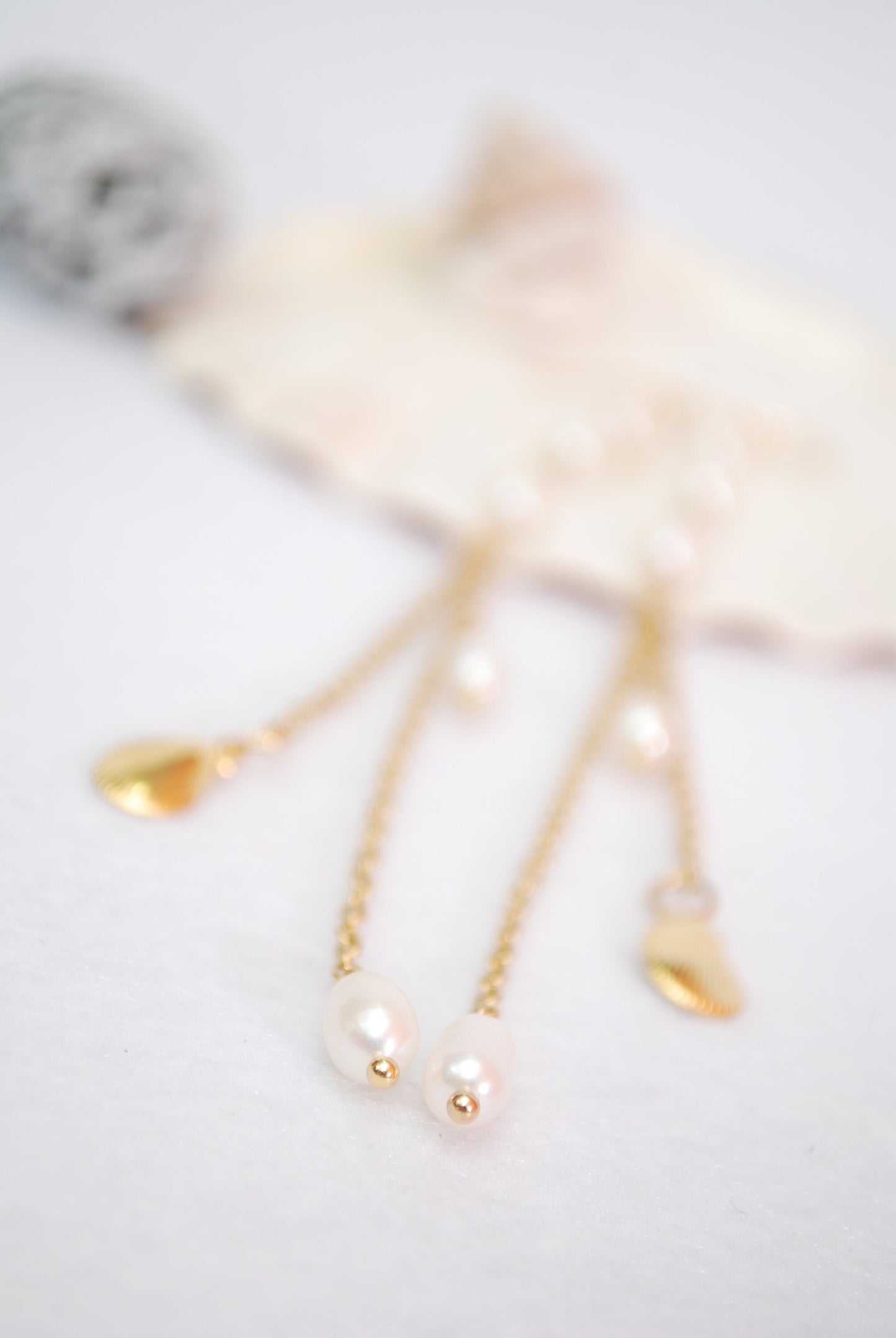 Limited Stock Available! Golden Cascade Earrings with Freshwater Pearls and Shells, Long Chain Bridal Jewelry, Rustic Bohemian Style