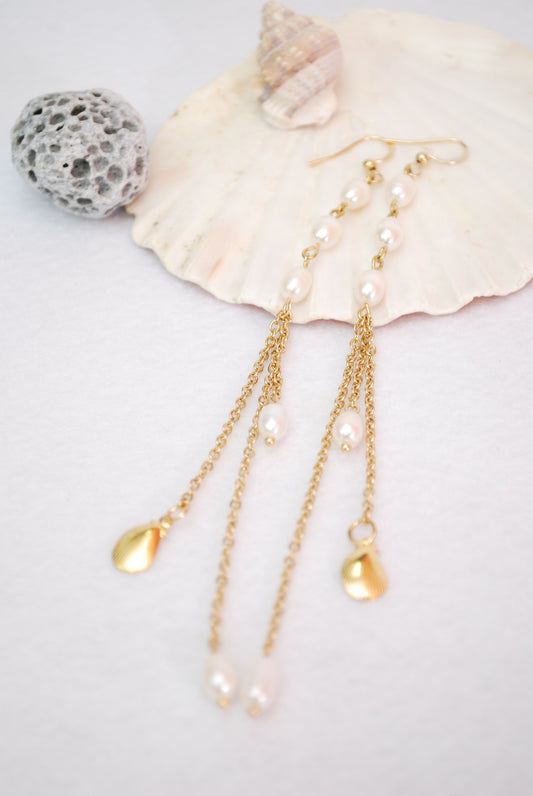 Limited Stock Available! Golden Cascade Earrings Freshwater Pearls and Shells, Long Chain Bridal Jewelry, Rustic Bohemian Style. 14cm (5.5")