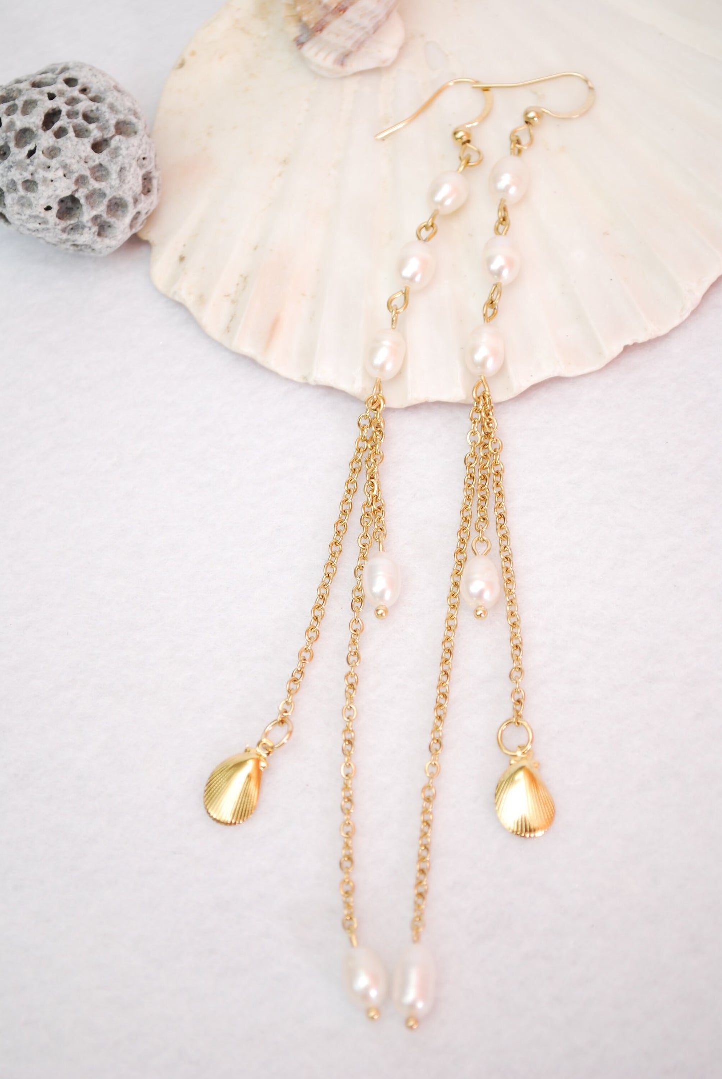 Limited Stock Available! Golden Cascade Earrings with Freshwater Pearls and Shells, Long Chain Bridal Jewelry, Rustic Bohemian Style