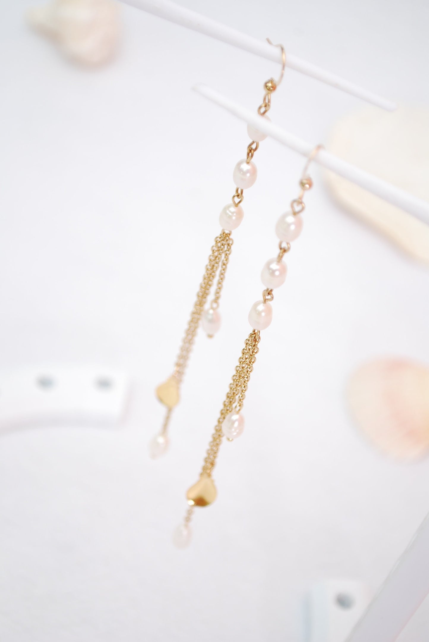 Limited Stock Available! Golden Cascade Earrings Freshwater Pearls and Shells, Long Chain Bridal Jewelry, Rustic Bohemian Style. 14cm (5.5")