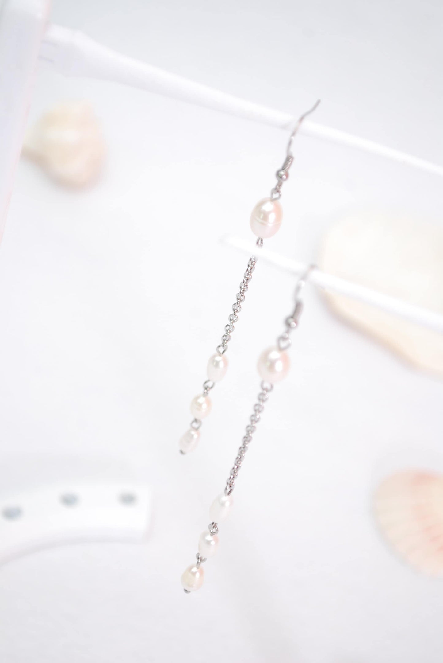 Radiant Bohemian Elegance: Long Chain Dangle Pearl Earrings in Stainless Steel - Perfect for Bridesmaids and Everyday Wear, 10cm - 4"