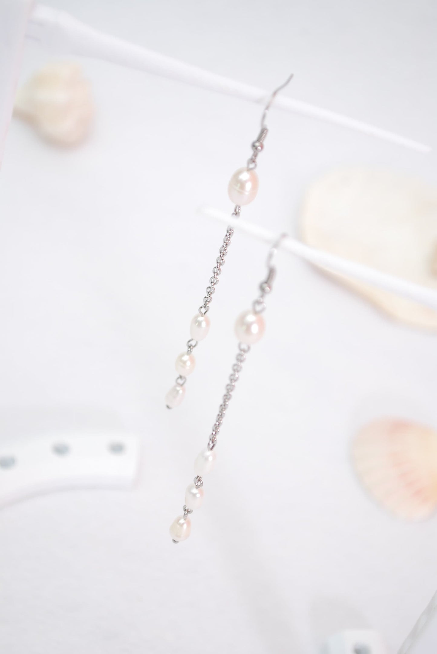 Radiant Bohemian Elegance: Long Chain Dangle Pearl Earrings in Stainless Steel - Perfect for Bridesmaids and Everyday Wear, 10cm - 4"