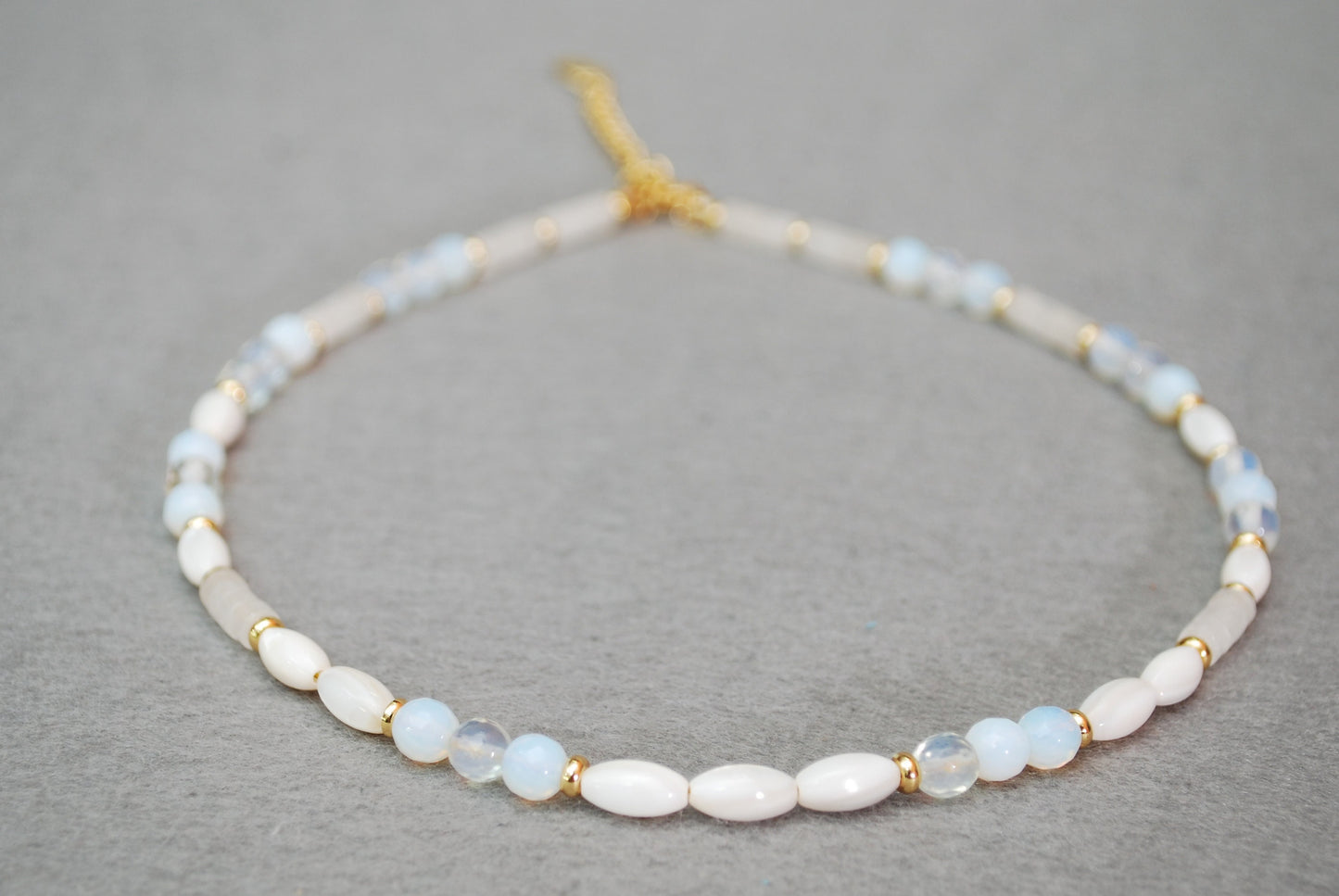 Opaline, Nacre & Quartz Beaded Gold Necklace - Elegant Handmade Wedding Jewelry with White Stones, 15in Length (+2" Extender)