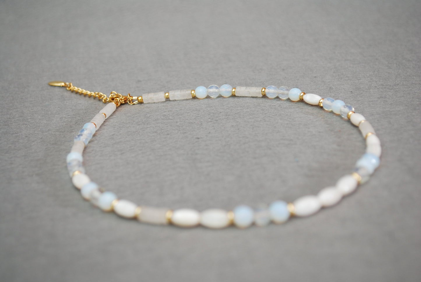 Opaline, Nacre & Quartz Beaded Gold Necklace - Elegant Handmade Wedding Jewelry with White Stones, 15in Length (+2" Extender)