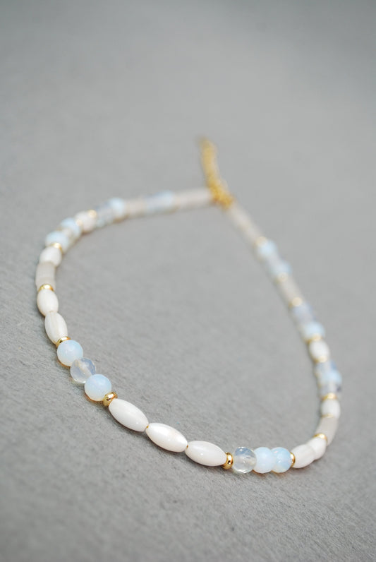 Opaline, Nacre & Quartz Beaded Gold Necklace - Elegant Handmade Wedding Jewelry with White Stones, 15in Length (+2" Extender)