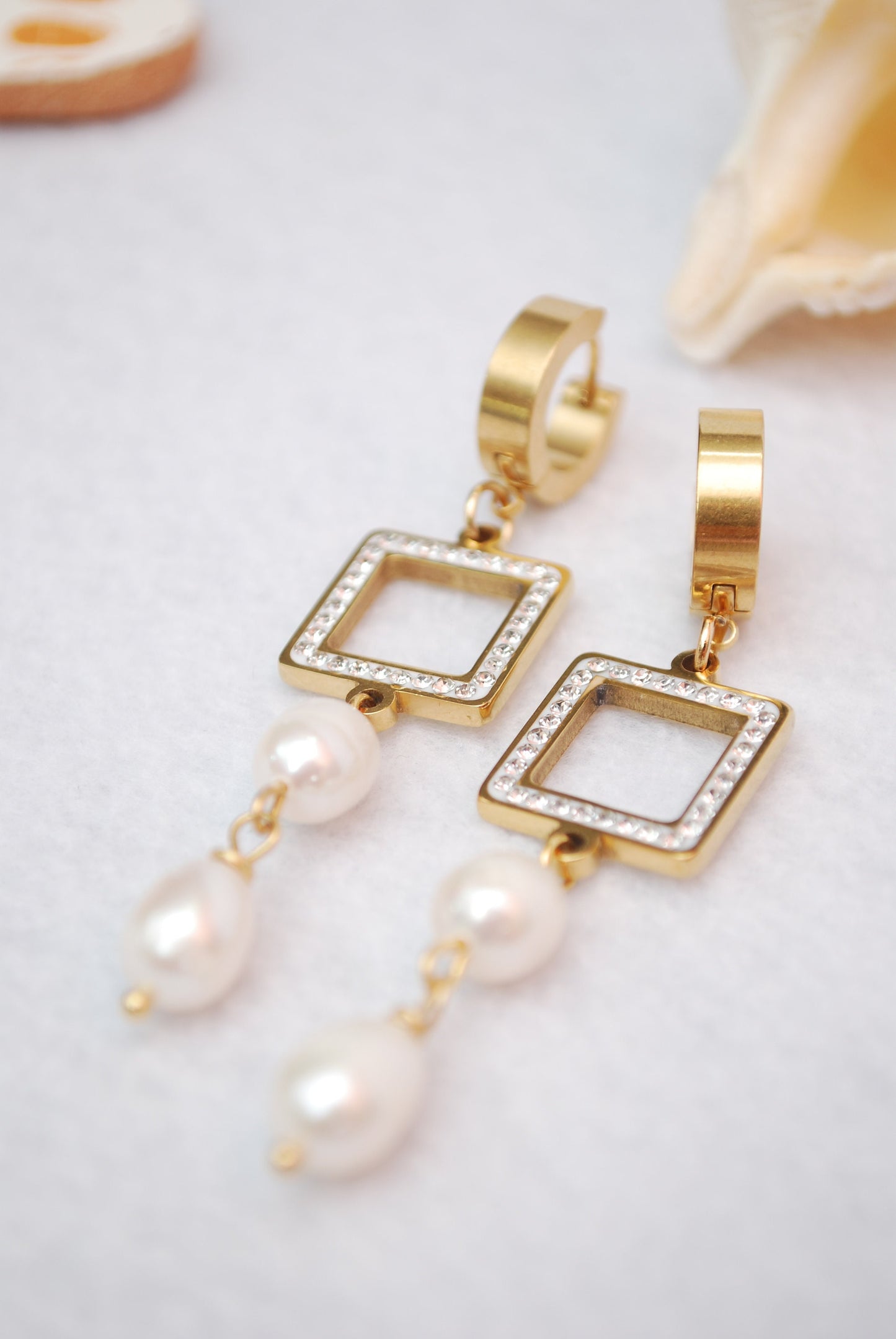 Square Pearl Earrings - Handmade Gold Stainless Steel Hoop Earrings with Freshwater Pearls, 2.5in Length