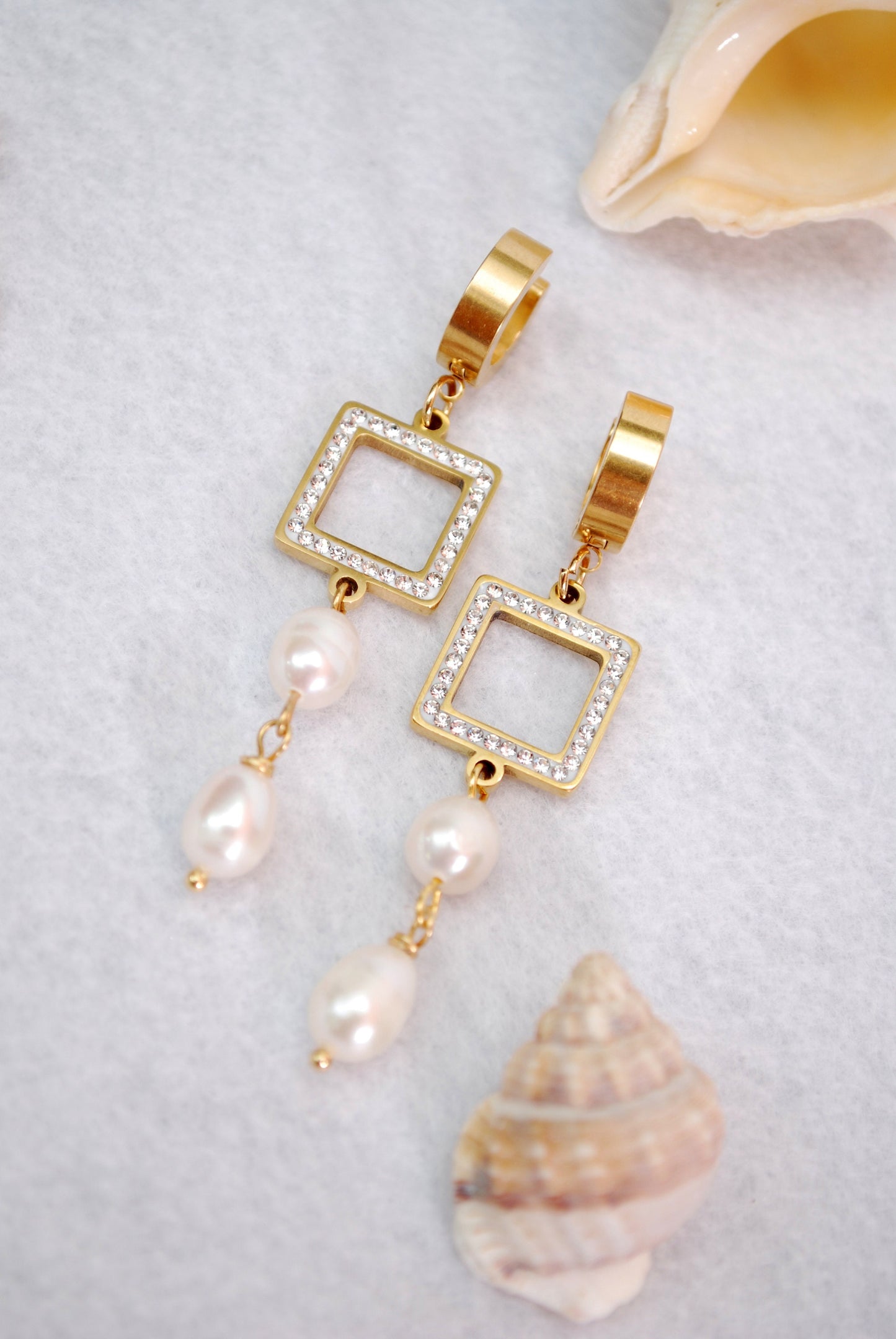 Square Pearl Earrings - Handmade Gold Stainless Steel Hoop Earrings with Freshwater Pearls, 2.5in Length