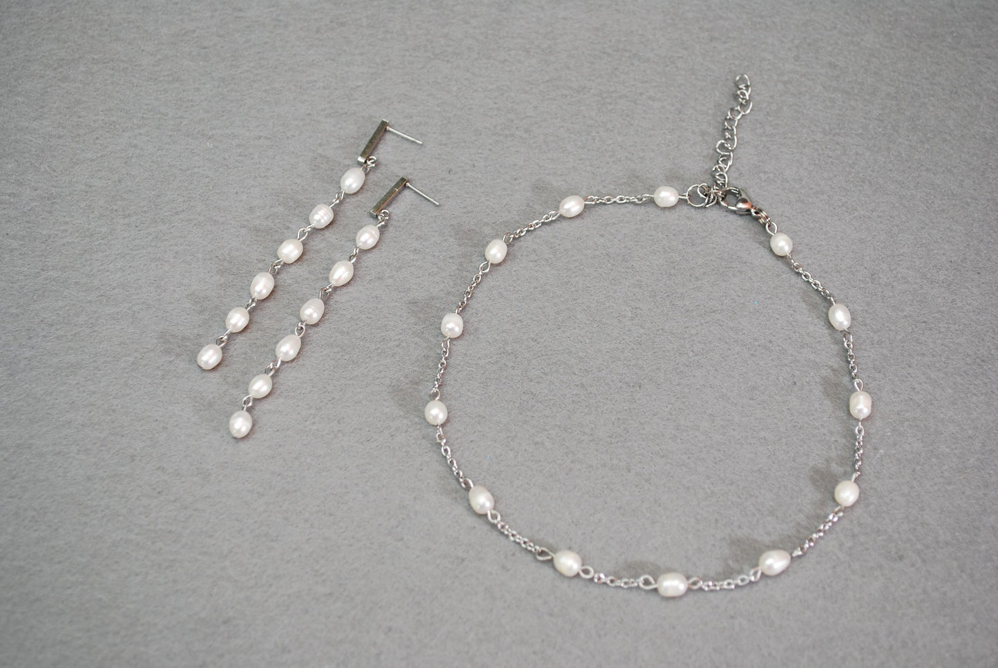 Freshwater Pearl Set of Choker & Earrings with Stainless Steel Chain, Long Pearl Earrings, Beaded Choker