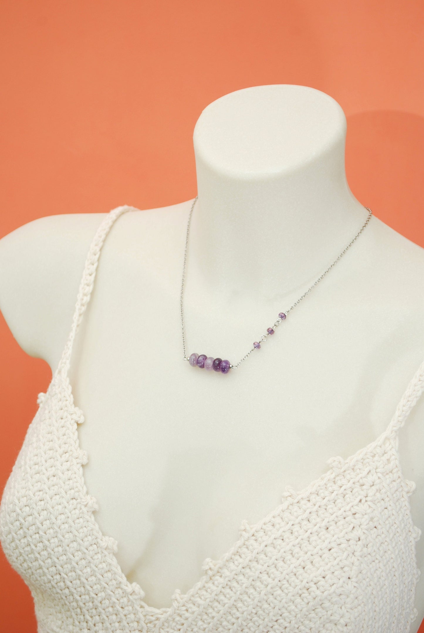 Unique piece, natural purple amethysts gemstonetone beads necklace, tiny elegant.