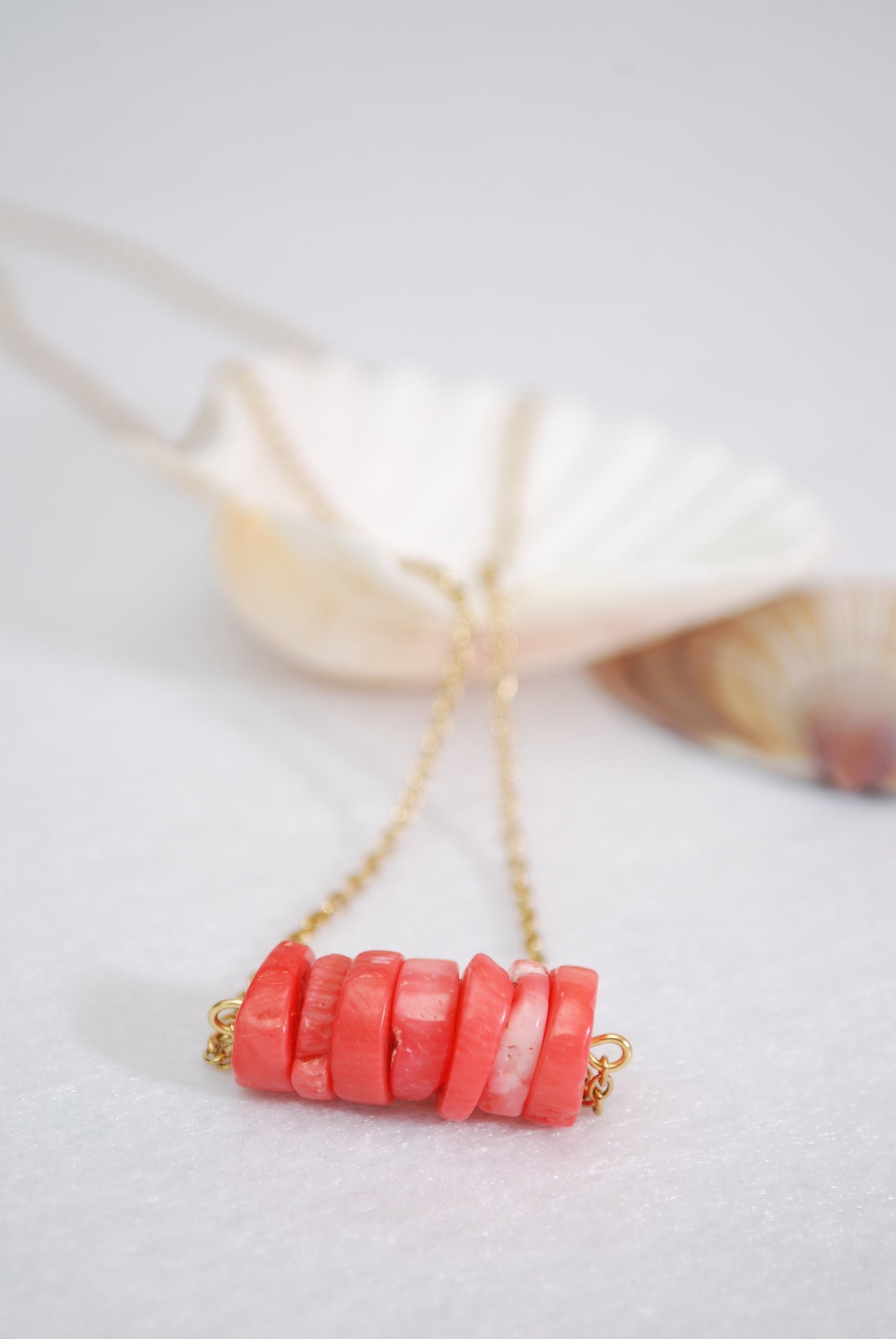 Designer coral stone necklace, unique lovely gold chain necklace.