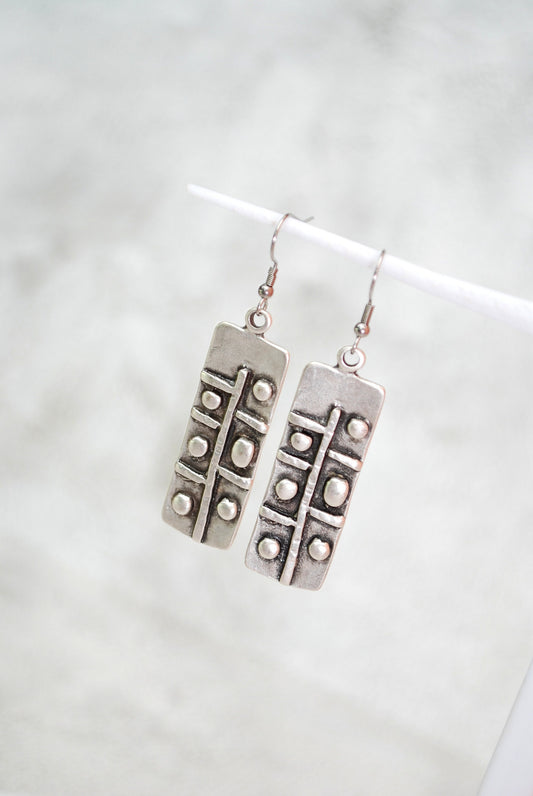 Abstract rectangle earrings, silver tone earrings, boho style, tribal art earrings, handmade 6.5cm 2.7"