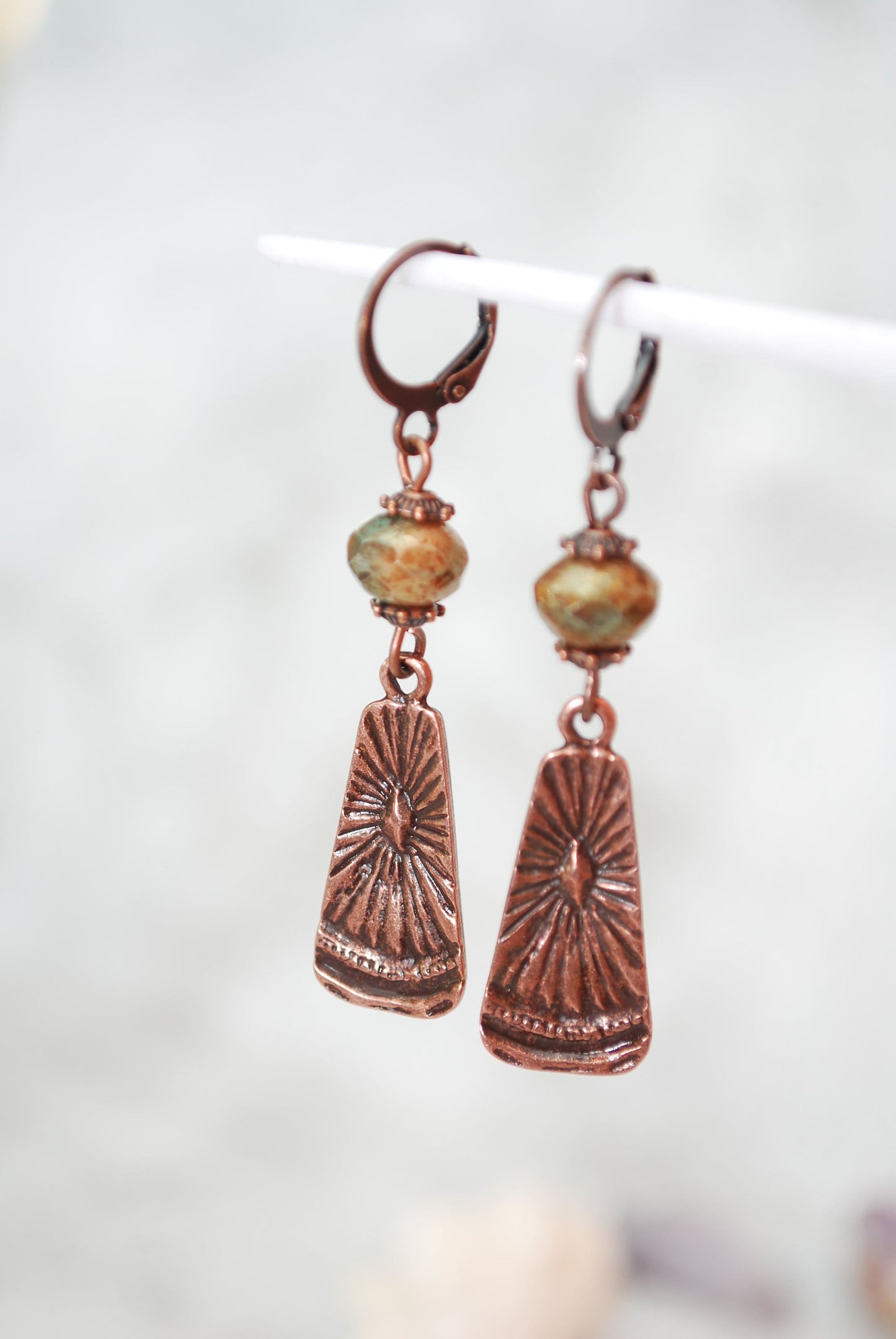 NEW *** Boho chick earrings, sun copper errings, festival beaded earrings, Estibela design, 5.5cm 2"