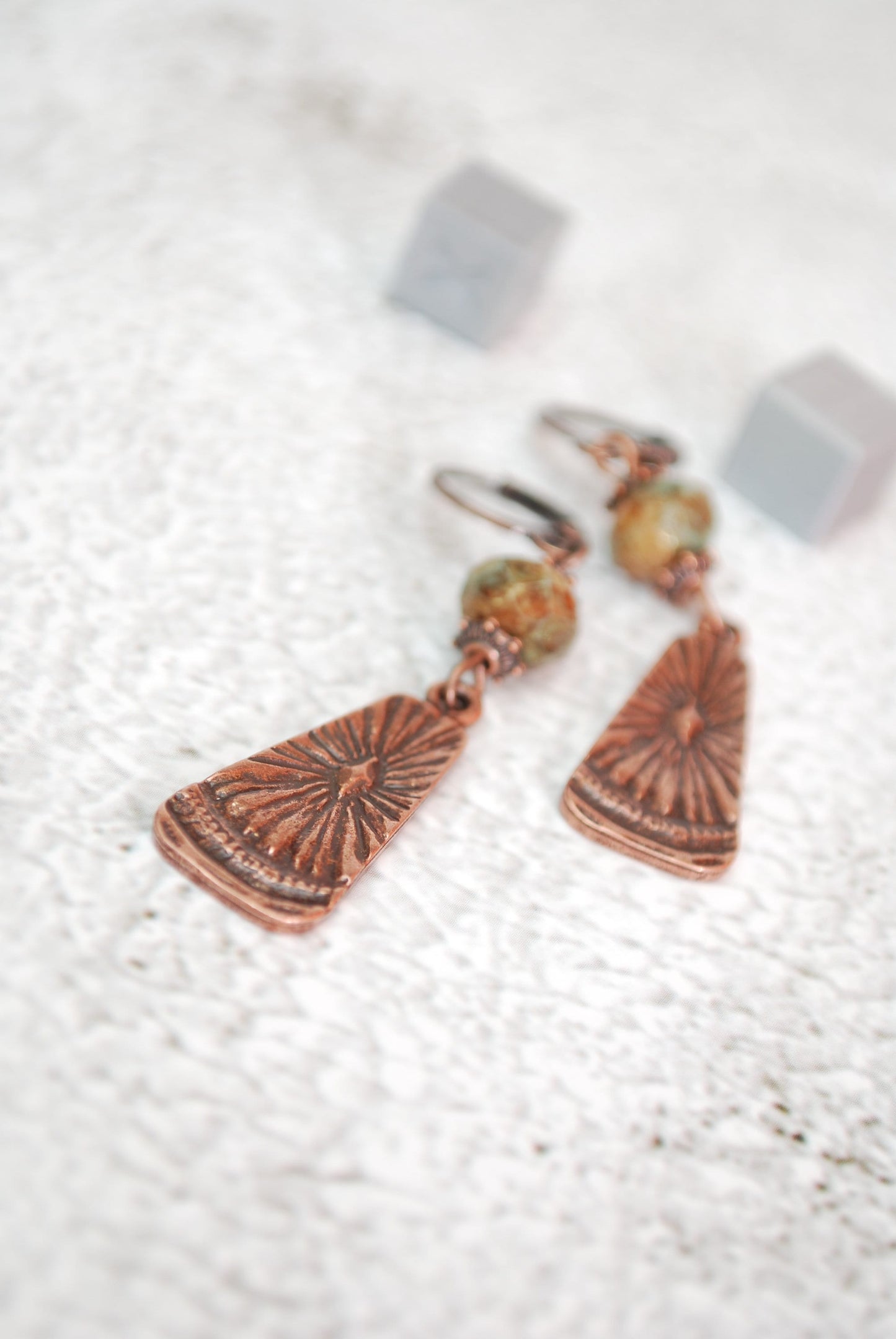 NEW *** Boho chick earrings, sun copper errings, festival beaded earrings, Estibela design, 5.5cm 2"