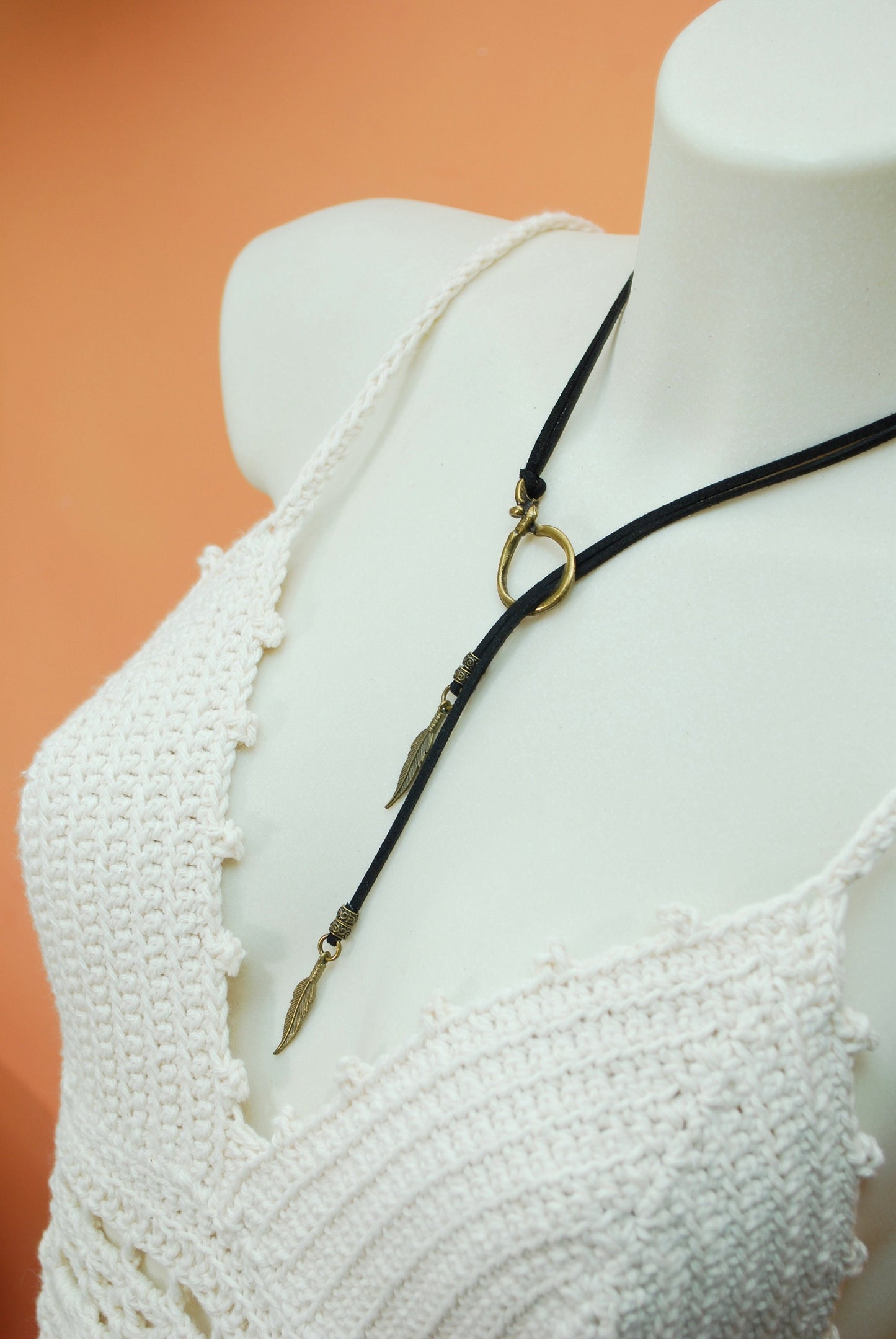 Trendy leather choker, leather and bronze beaded necklace. Bohemian jewelry.