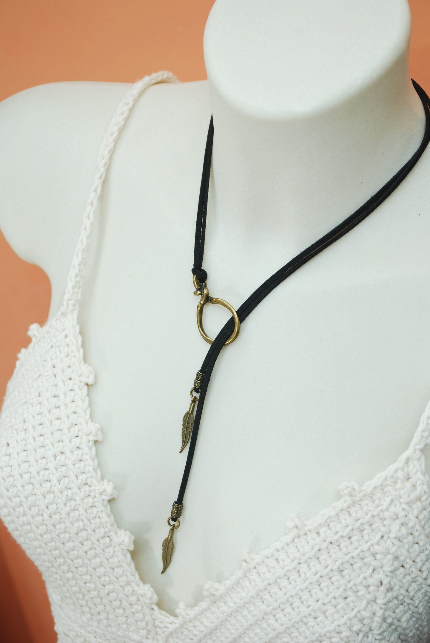 Trendy leather choker, leather and bronze beaded necklace. Bohemian jewelry.