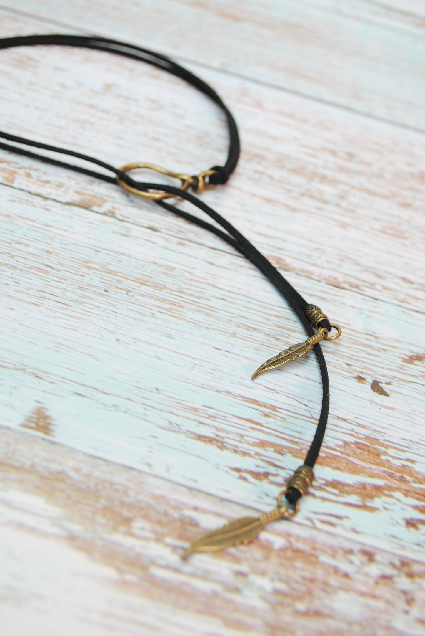 Trendy leather choker, leather and bronze beaded necklace. Bohemian jewelry.