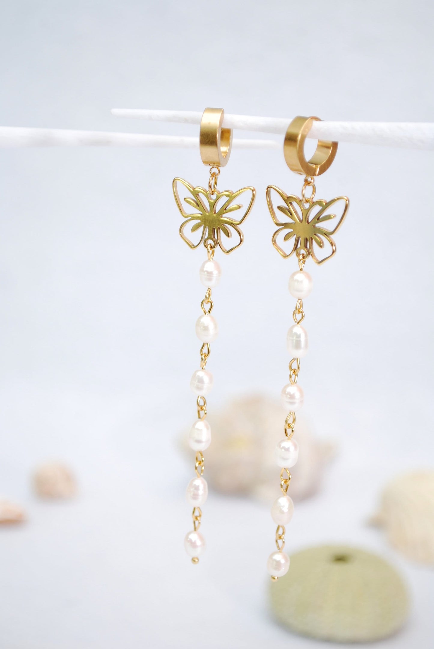 Long butterfly earrings, freshwater pearl earrings, Boho / Bohemian Chic Style, 10cm - 4"