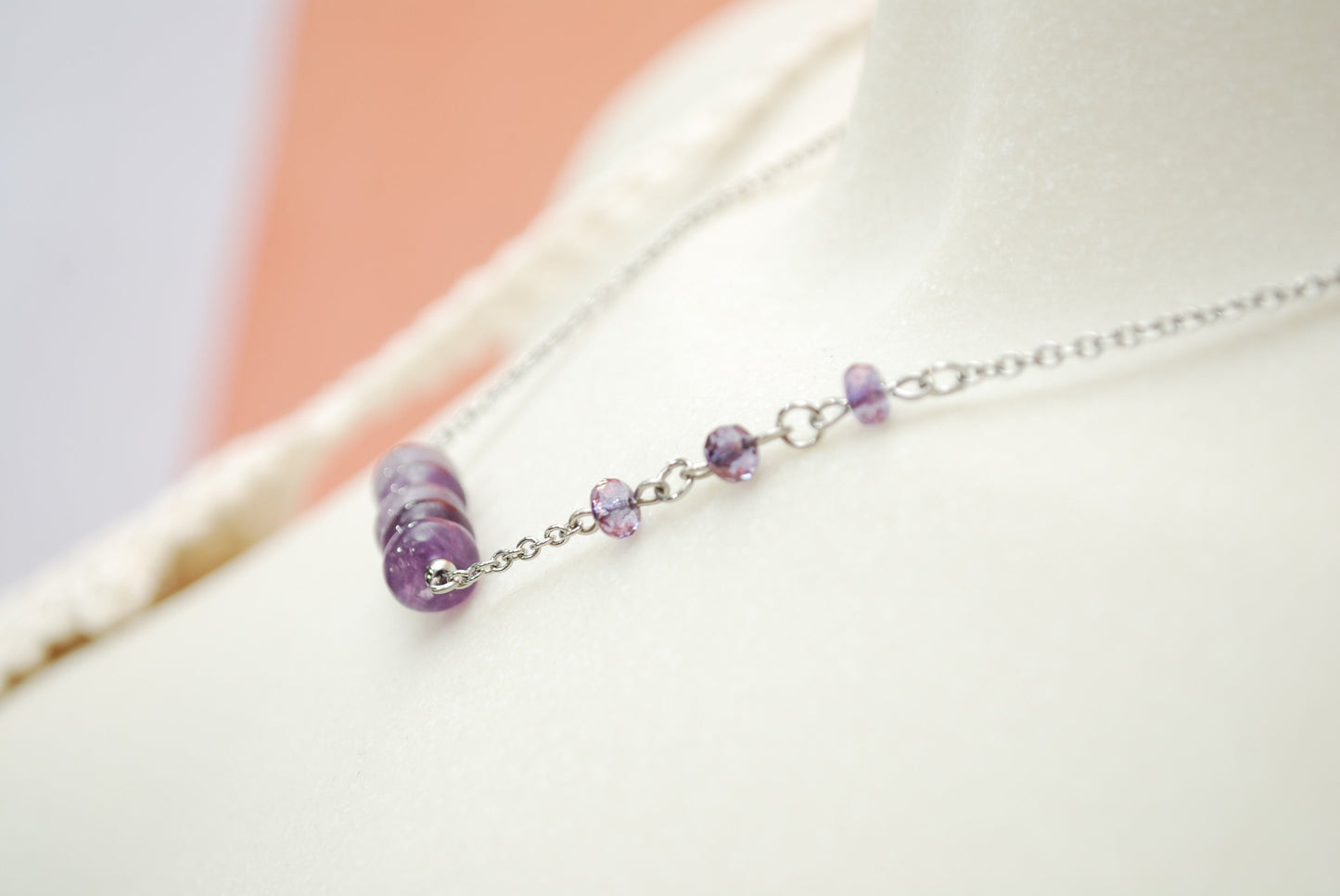 Unique piece, natural purple amethysts gemstonetone beads necklace, tiny elegant.