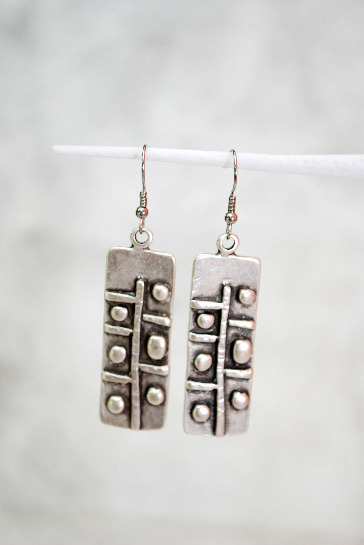 Abstract rectangle earrings, silver tone earrings, boho style, tribal art earrings, handmade 6.5cm 2.7"