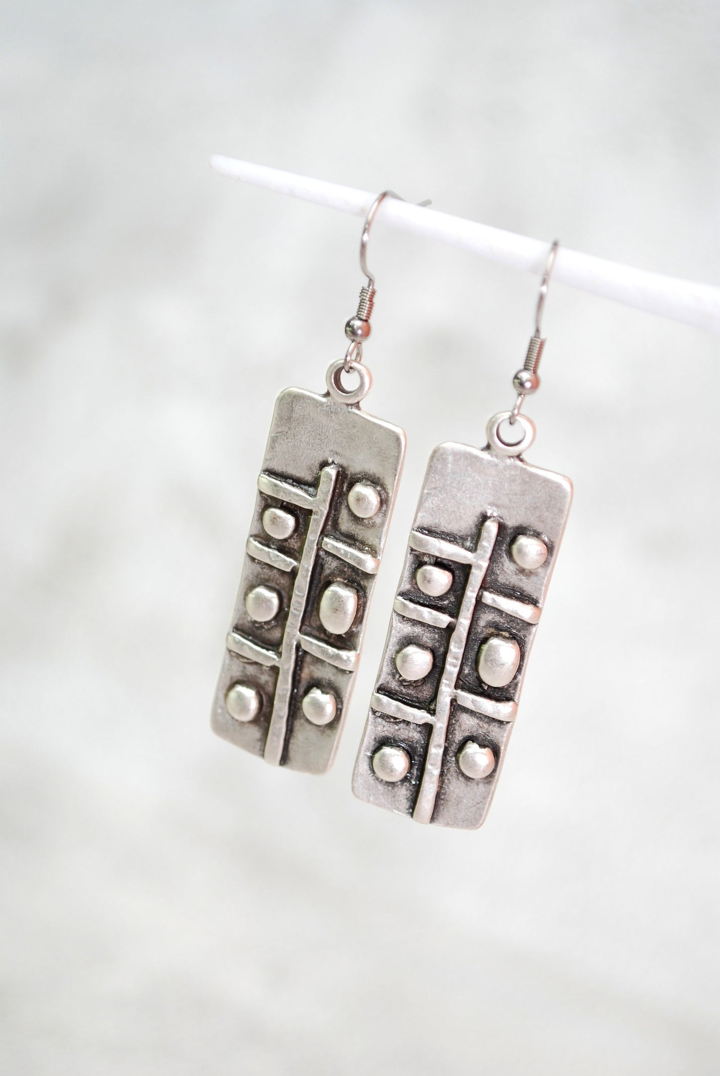 Abstract rectangle earrings, silver tone earrings, boho style, tribal art earrings, handmade 6.5cm 2.7"