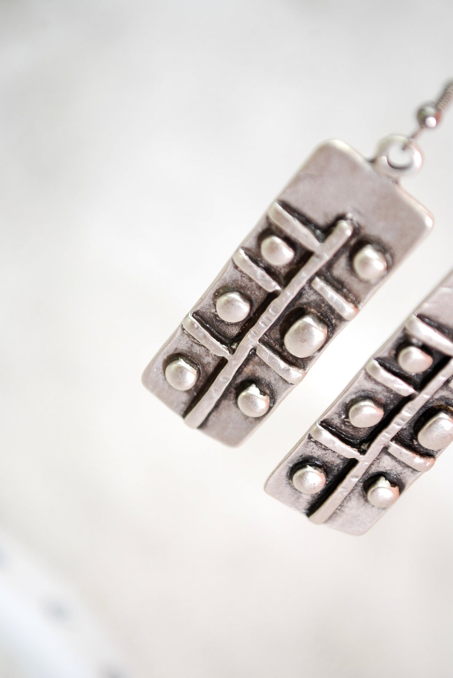 Abstract rectangle earrings, silver tone earrings, boho style, tribal art earrings, handmade 6.5cm 2.7"