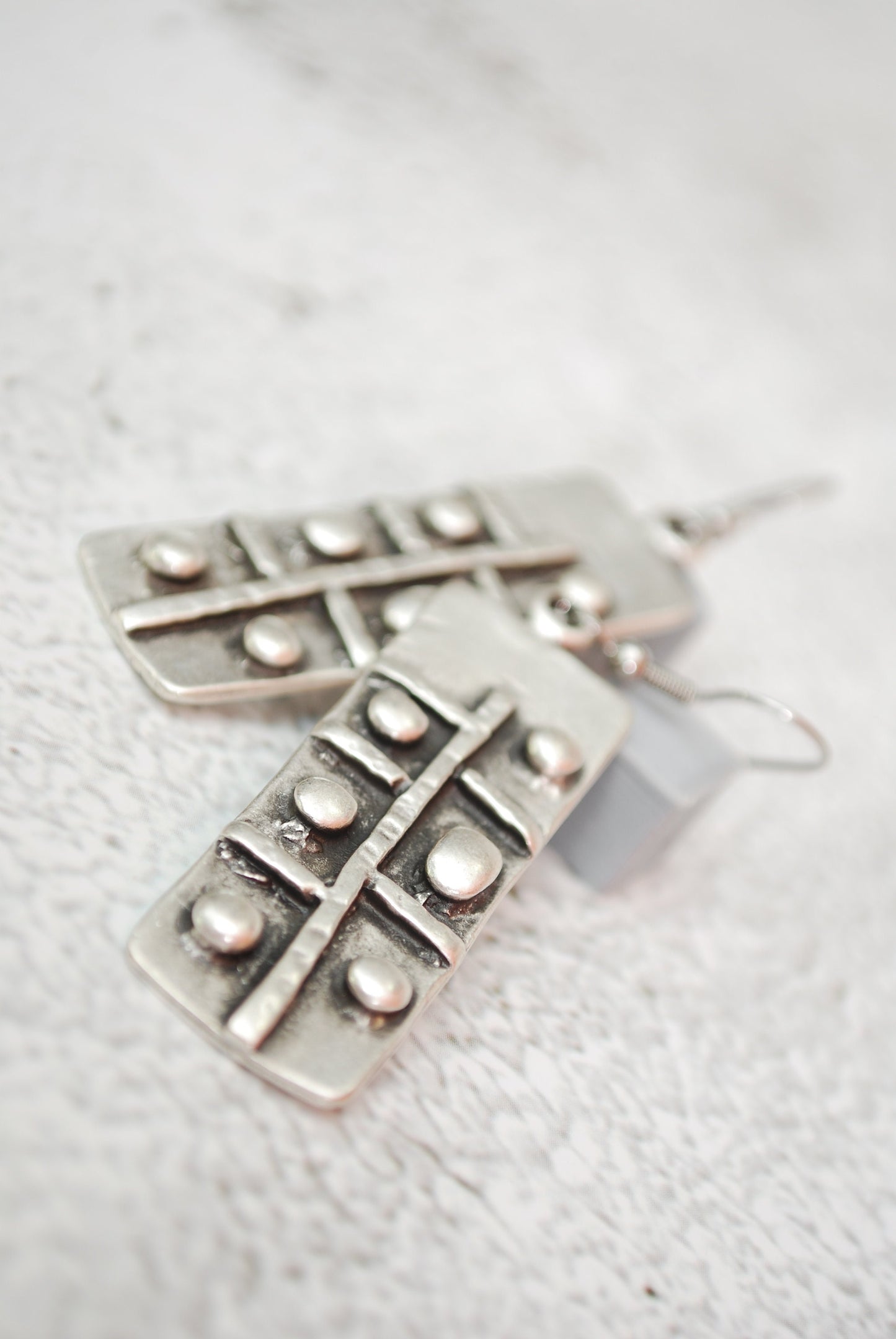 Abstract rectangle earrings, silver tone earrings, boho style, tribal art earrings, handmade 6.5cm 2.7"