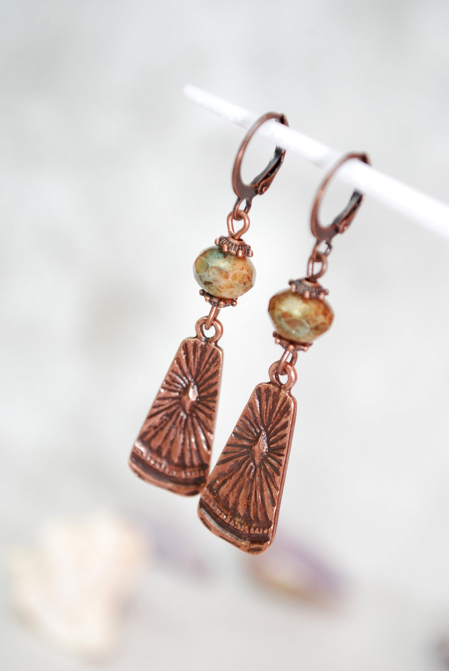 NEW *** Boho chick earrings, sun copper errings, festival beaded earrings, Estibela design, 5.5cm 2"