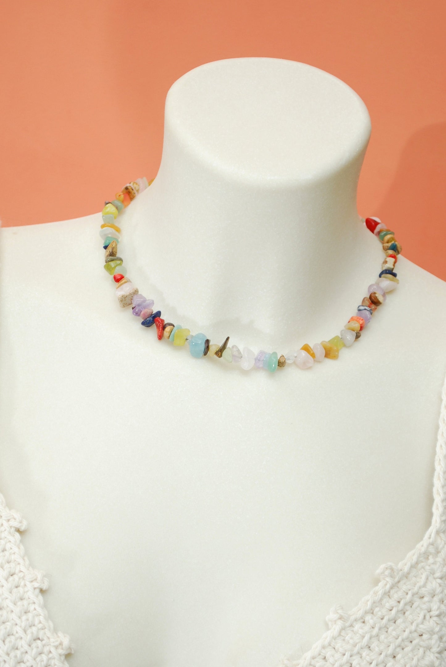 Multicolor mix stone choker, gold stainless steel eye pendant, adjustable necklace,  16" 40cm