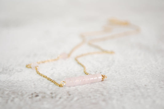 Minimalist Delicate Necklace with Tiny Beads, Pink Quartz Necklace, Boho Necklace.