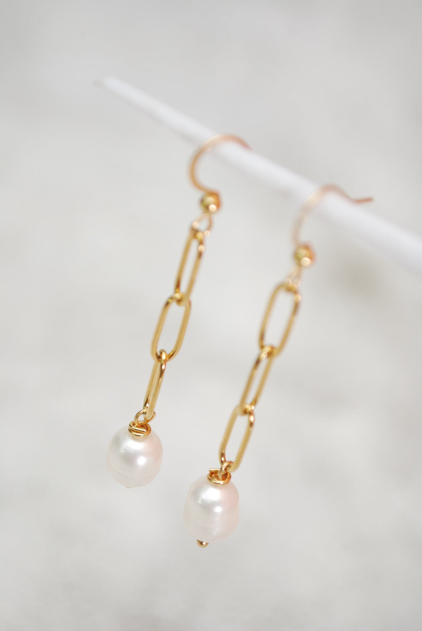 Gold Plated Chain Earrings with Freshwater Pearls for a Unique and Cool Look