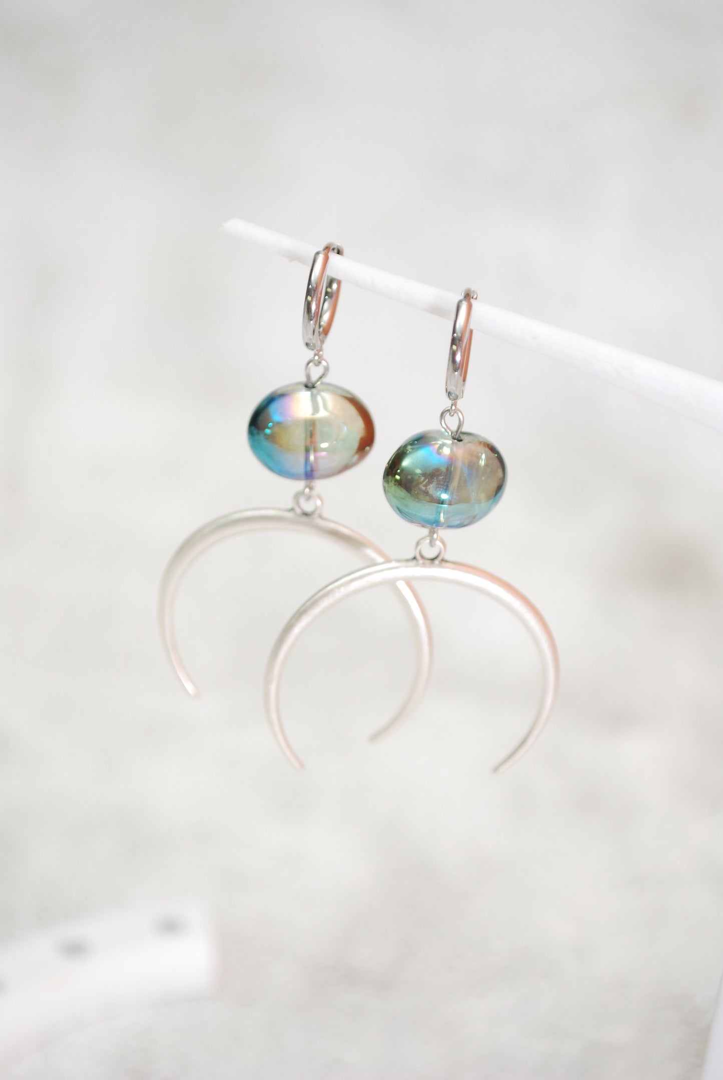 Large half moon earrings, big oval glass earrings, stainless steel hook, 6.5cm 2.5"