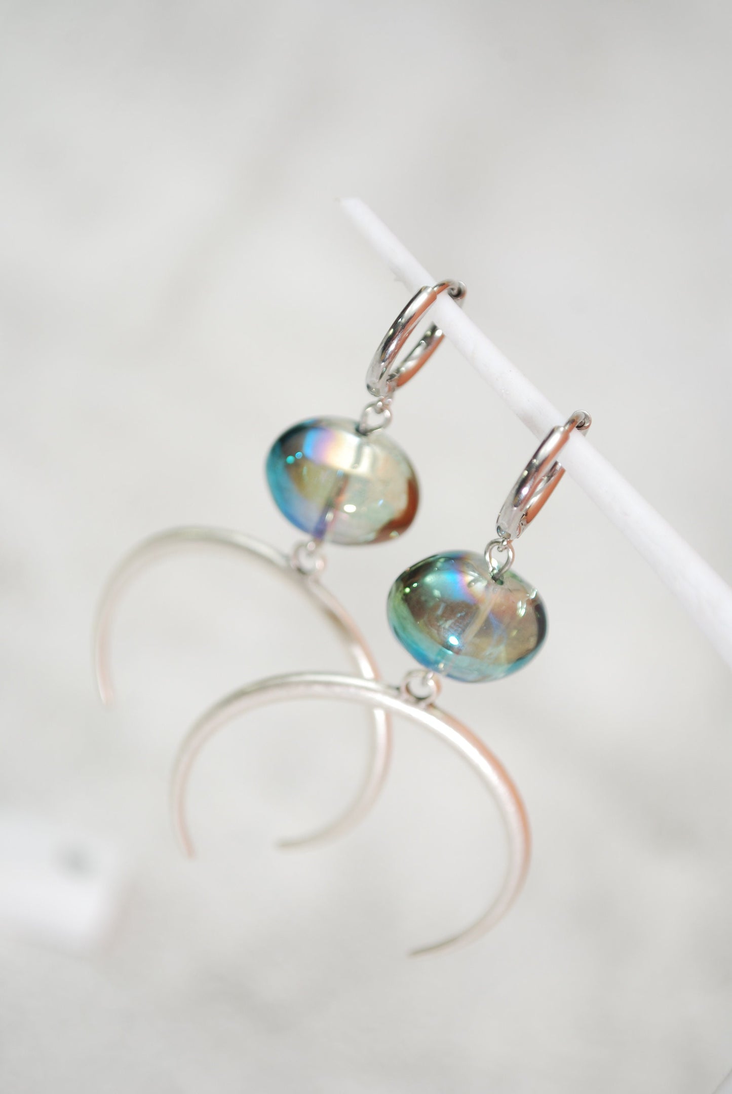 Large half moon earrings, big oval glass earrings, stainless steel hook, 6.5cm 2.5"