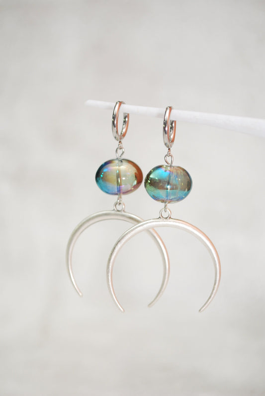 Large half moon earrings, big oval glass earrings, stainless steel hook, 6.5cm 2.5"