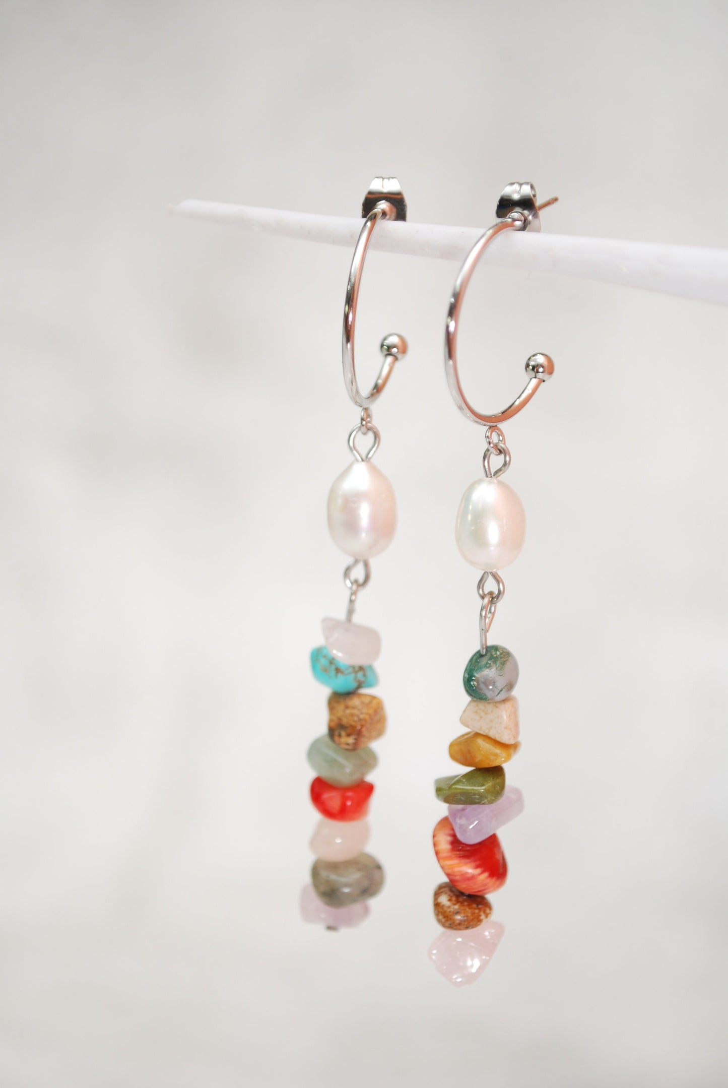 Multicolor stone beaded earrings, freshwater pearl earrings, boho Dangles, Chic Jewelry. 7.5cm 3"