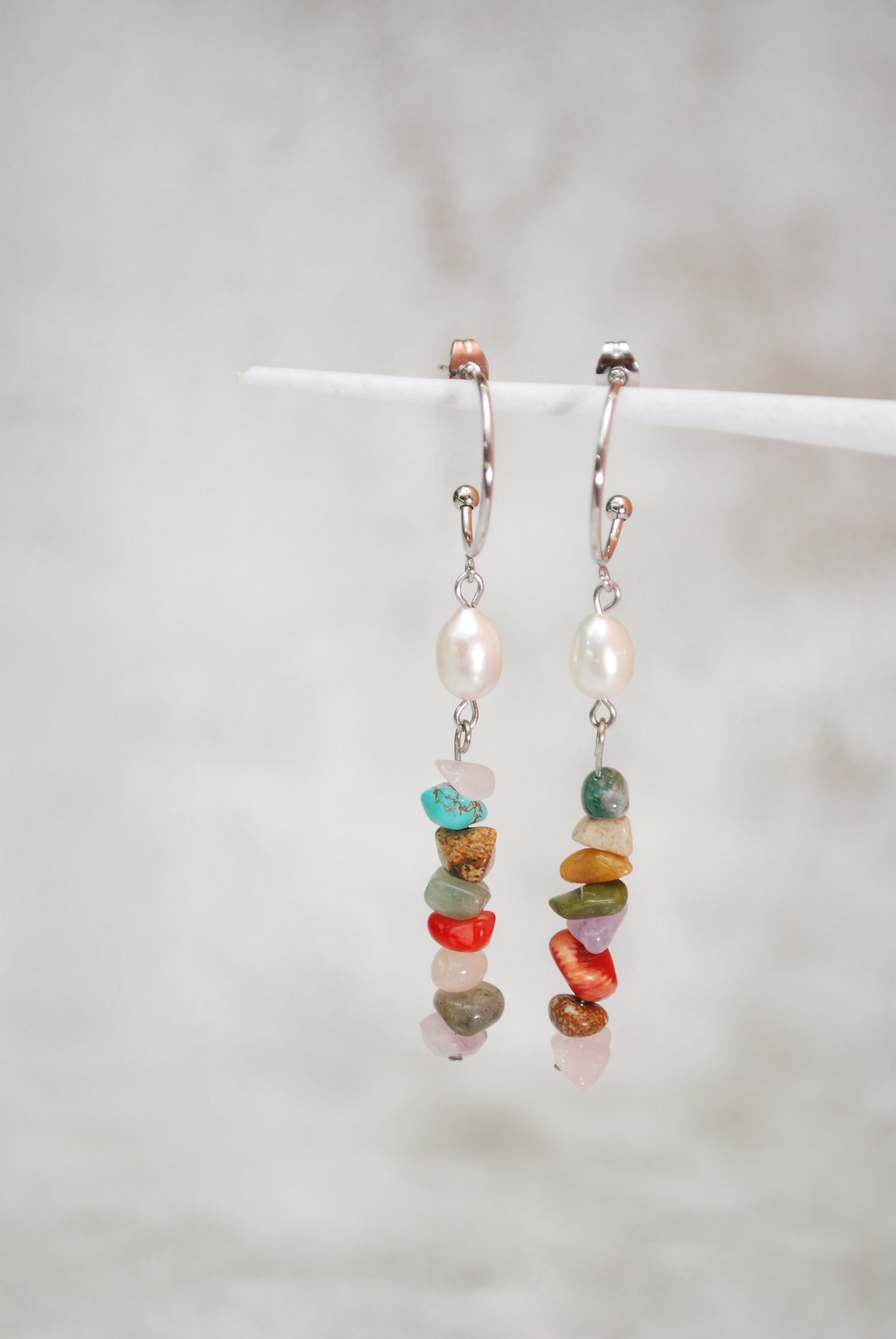 Multicolor stone beaded earrings, freshwater pearl earrings, boho Dangles, Chic Jewelry. 7.5cm 3"