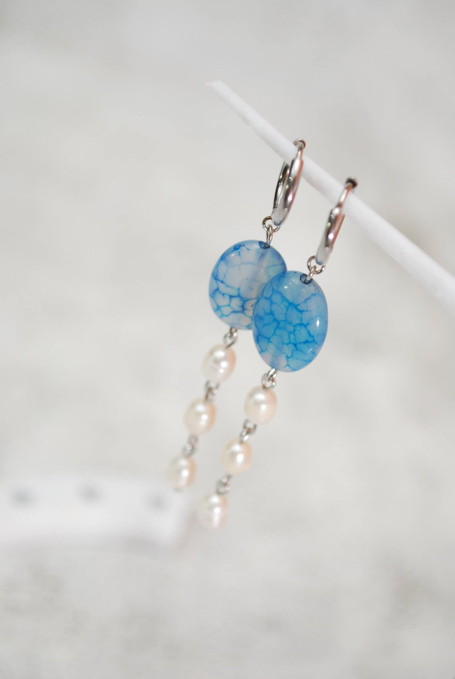 Handmade Long Sodalite Blue Bead and Freshwater Pearl Earrings for Boho Style and Beach Weddings. Estibela design.