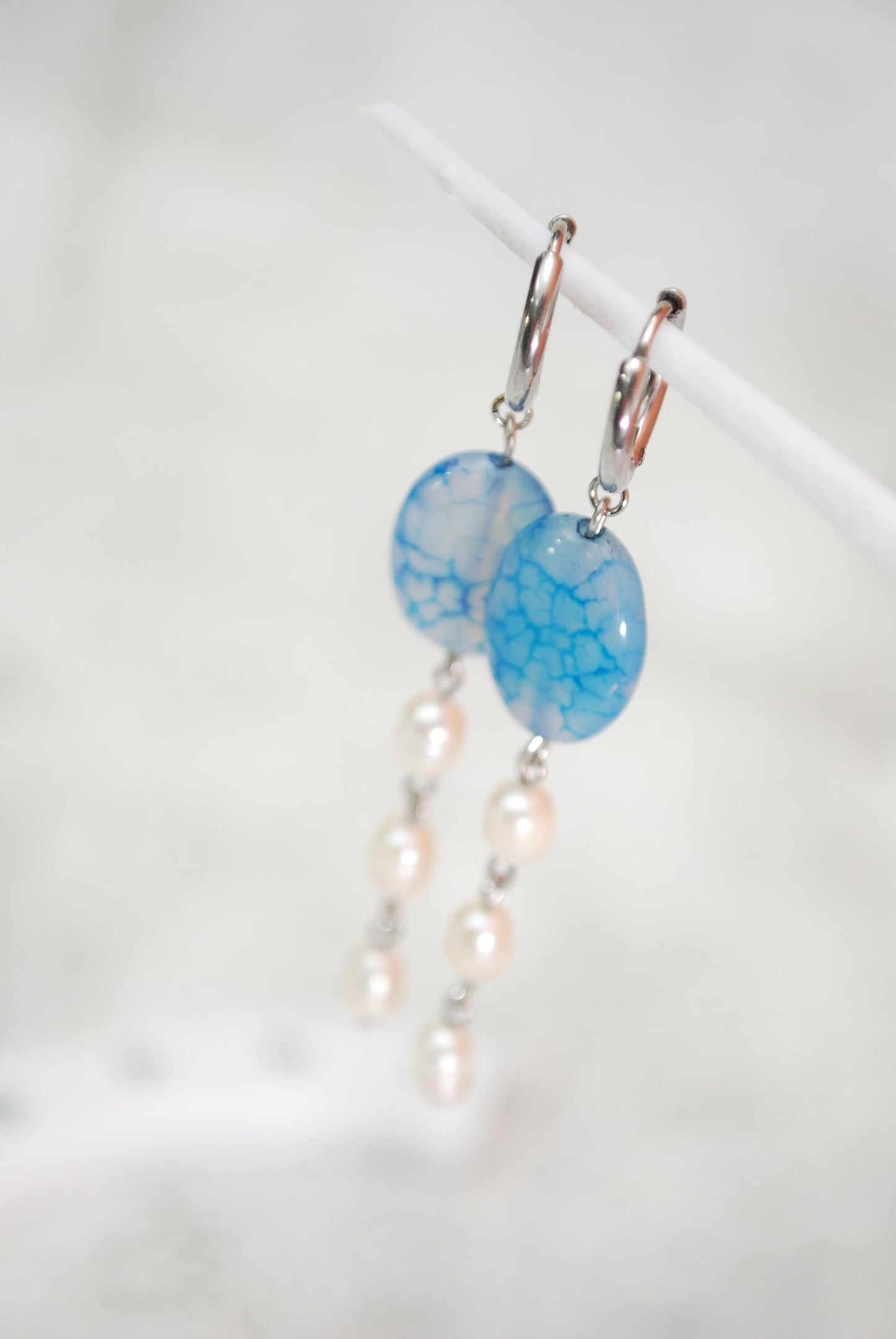 Handmade Long Sodalite Blue Bead and Freshwater Pearl Earrings for Boho Style and Beach Weddings. Estibela design.