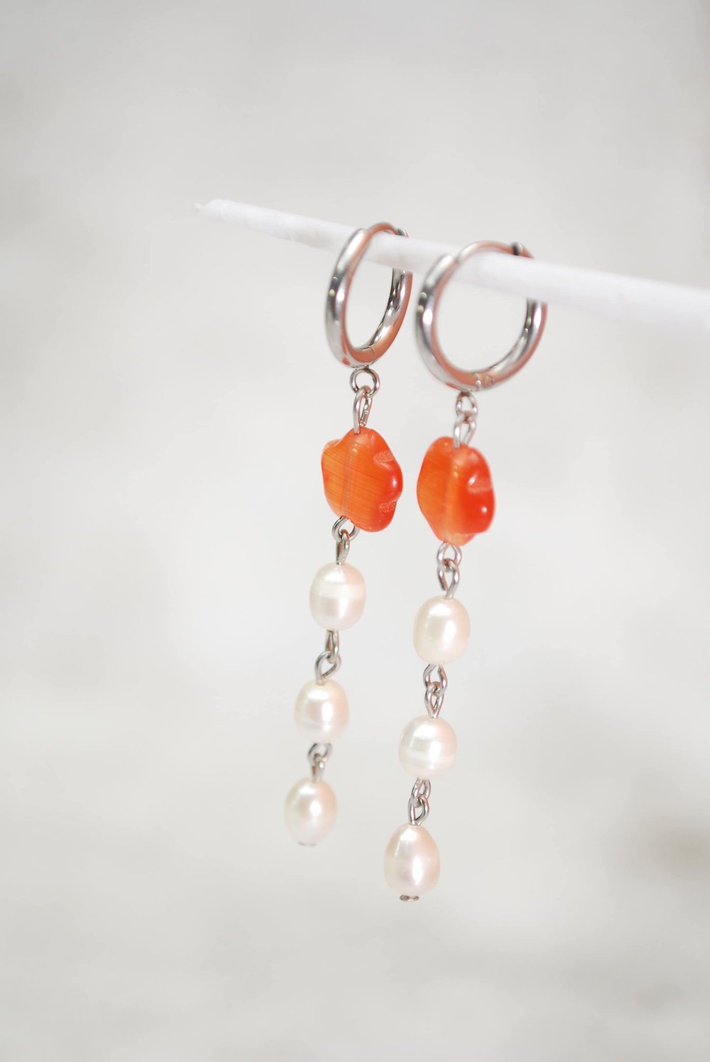 Handmade Long Cat's Eye Stone Orange Flower Beads Earrings with Freshwater Pearls for Boho and Beachy Summer Style