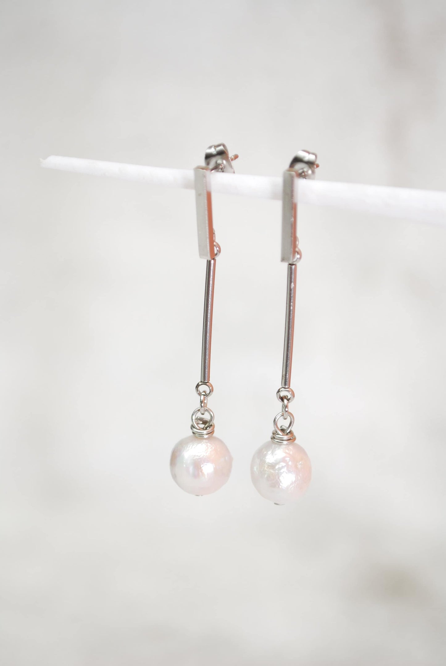 Stainless Steel Stick & Freshwater pearl, Elegant baroque pearl earrings, Bridal earrings, 5cm 2"