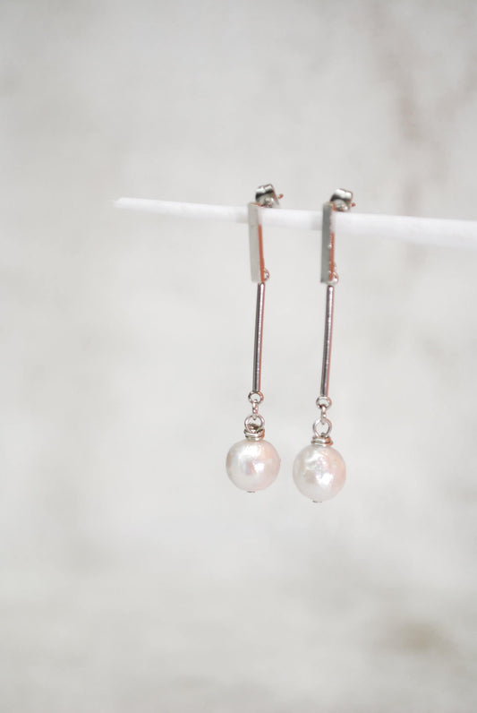 Stainless Steel Stick & Freshwater pearl, Elegant baroque pearl earrings, Bridal earrings, 5cm 2"