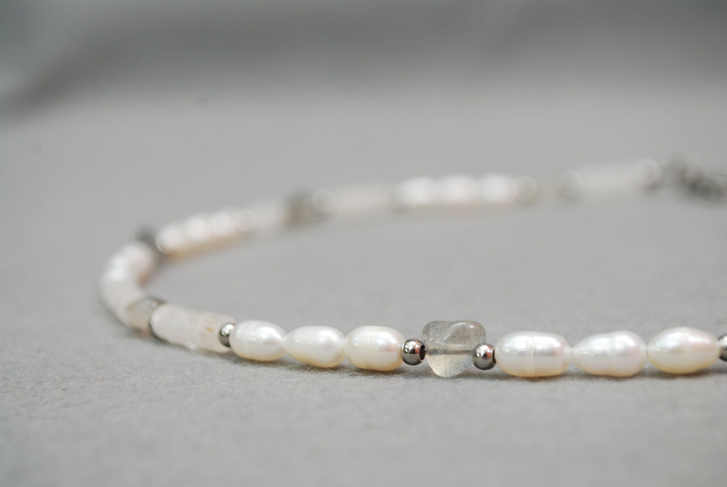 Stunning White and Gray Stone Necklace, Freshwater Pearls & Labradorite Beads, Handmade with High-Quality Materials, 17" Length, 43cm