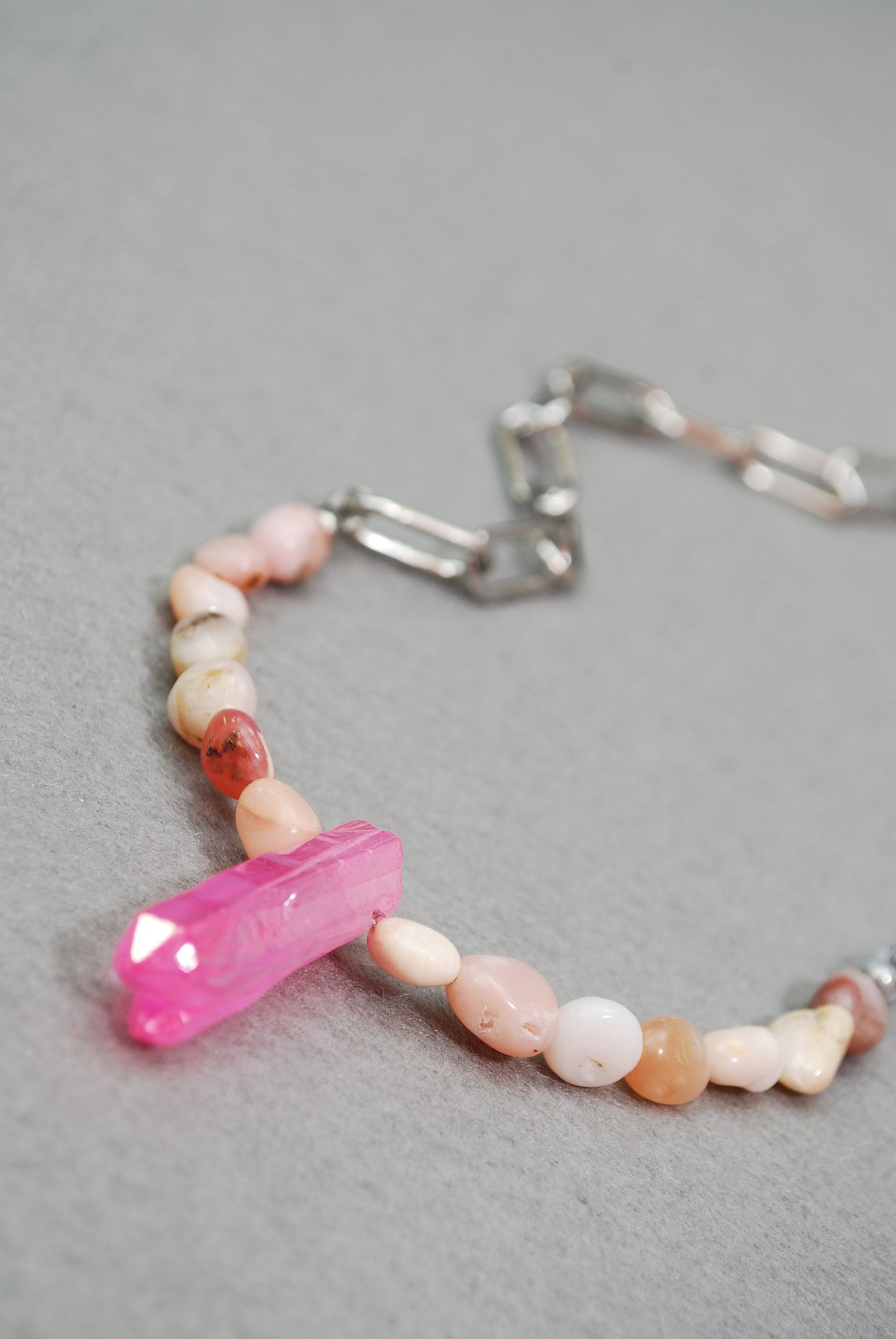 Bohemian Glamour Pink Opaline Stone & Quartz Crystal Necklace - Unique Estibela Creation for Gypsy-Chic Fashion Statement